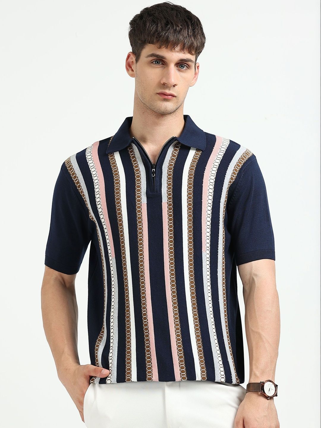 Buy MOHICANS Men Polo Collar Striped Slim Fit Cotton Zipper Tshirt