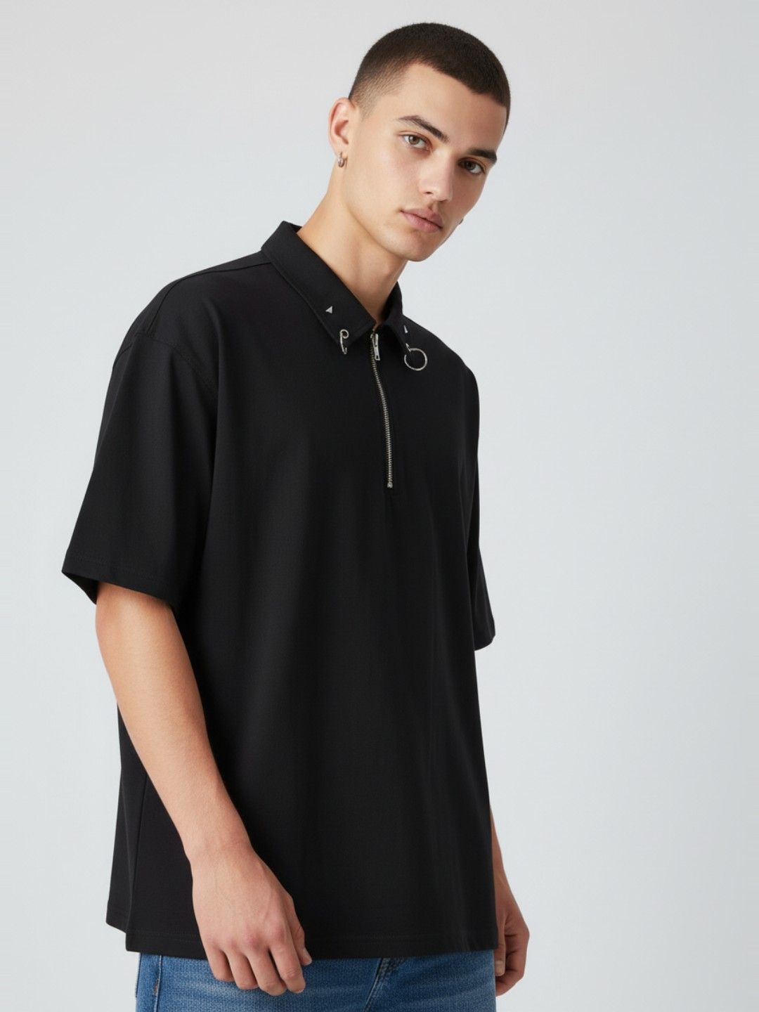 glitchez Drop-Shoulder Sleeves Oversized Polo Collar T-shirt
