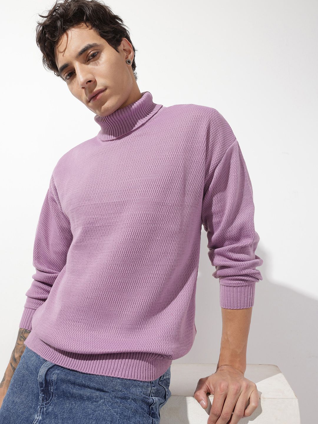 The Roadster Life Co. Self Design Textured Turtle Neck Knitted Sweater