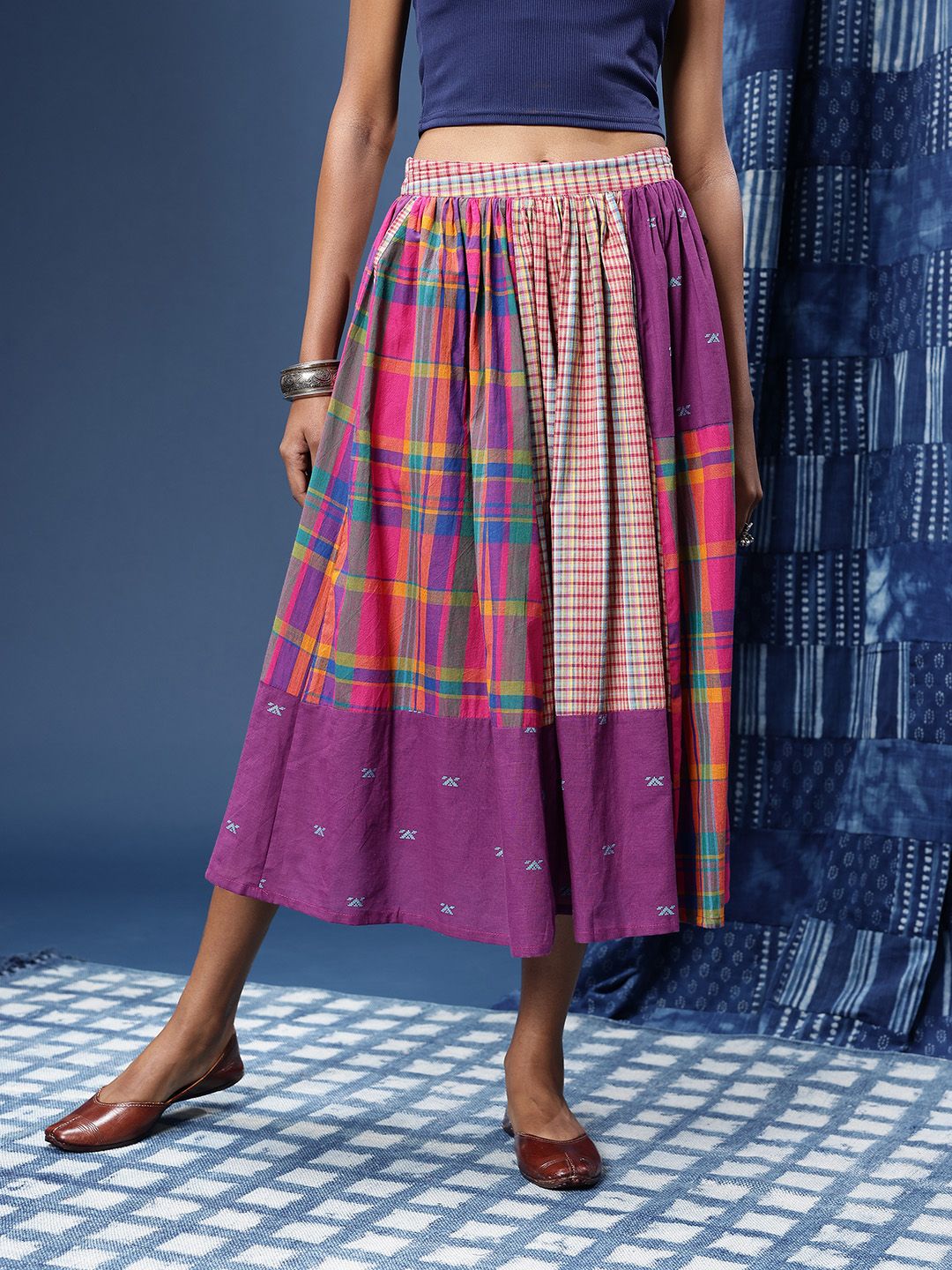 Buy Taavi Women Pure Cotton Checked Woven Legacy Flared A-Line