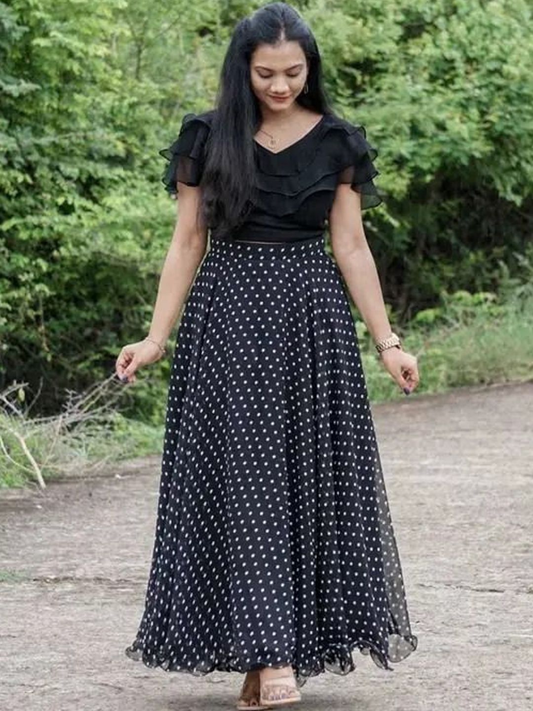 SHYAM SUNDARI Polka Dot Print Flared Sleeve Ruffled A-Line Maxi Dress