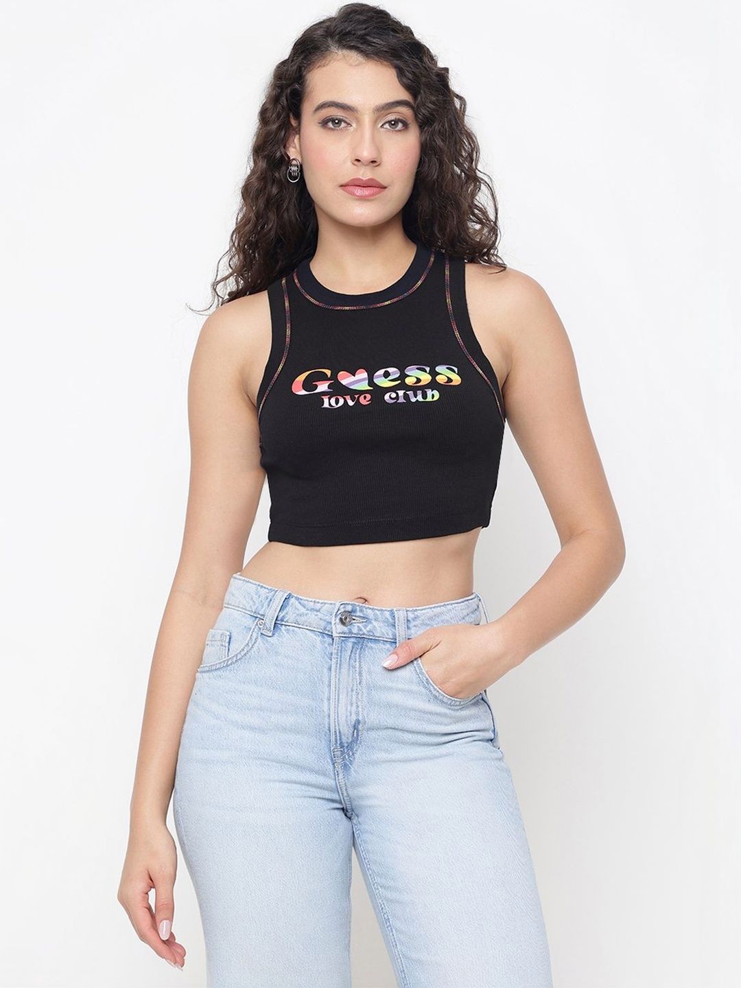 GUESS Brand Logo Cotton Tank Crop Top