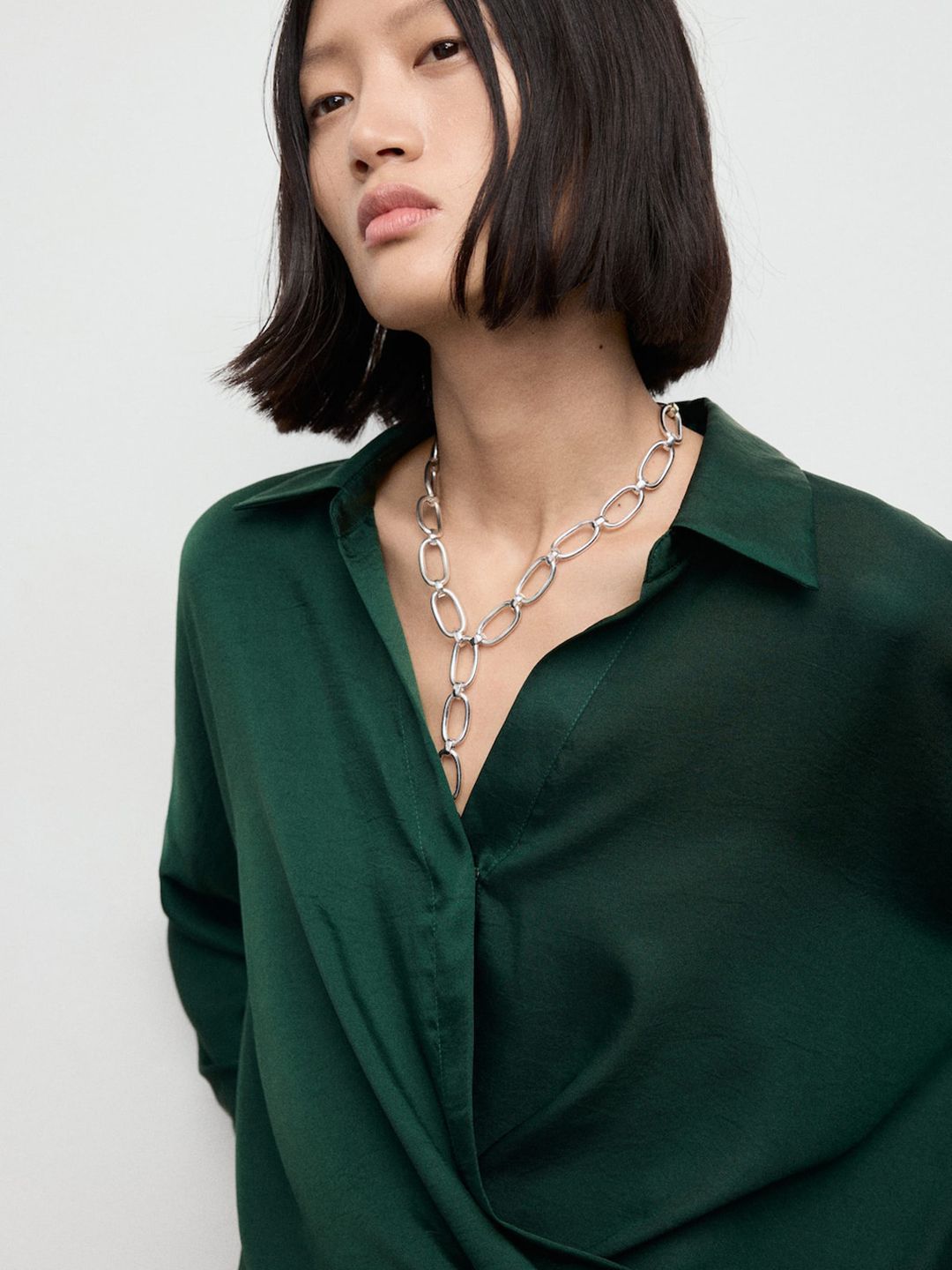Satin Finish Spread Collar Wrap Detail Casual Shirt