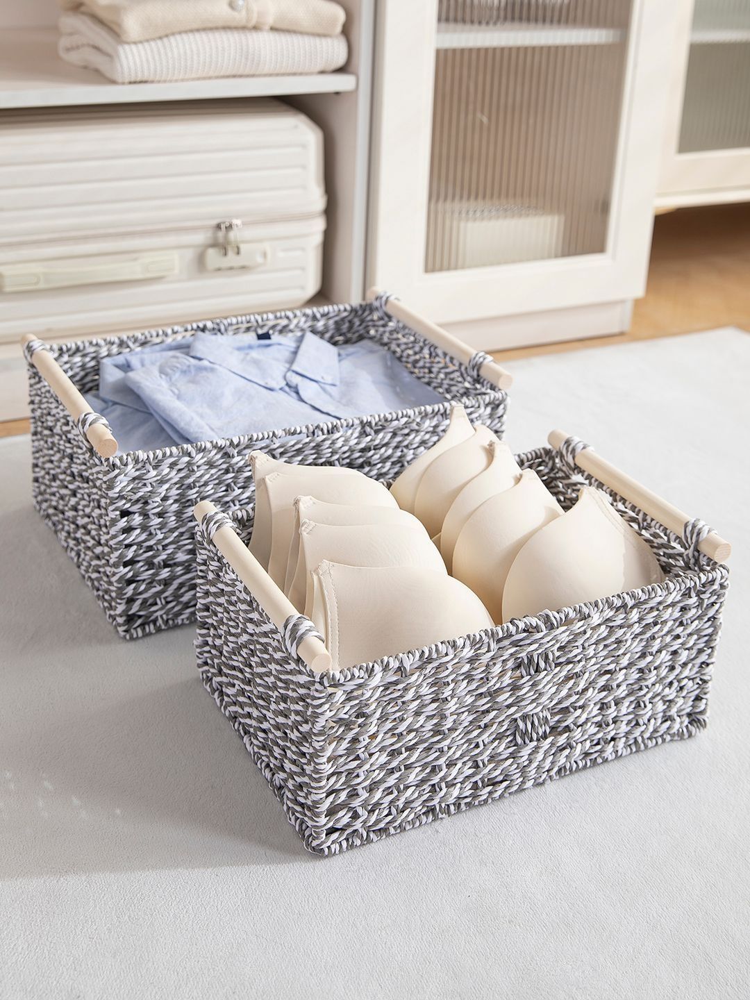 HOKIPO Grey Set of 2 Extra Large Storage Baskets Multipurpose Organizer Box