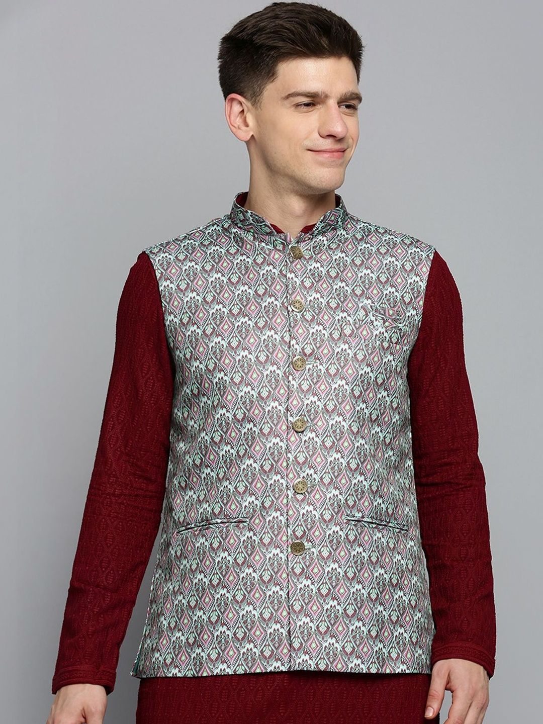 SHOWOFFFF Printed Slim Fit Mandarin Collar Nehru Jacket