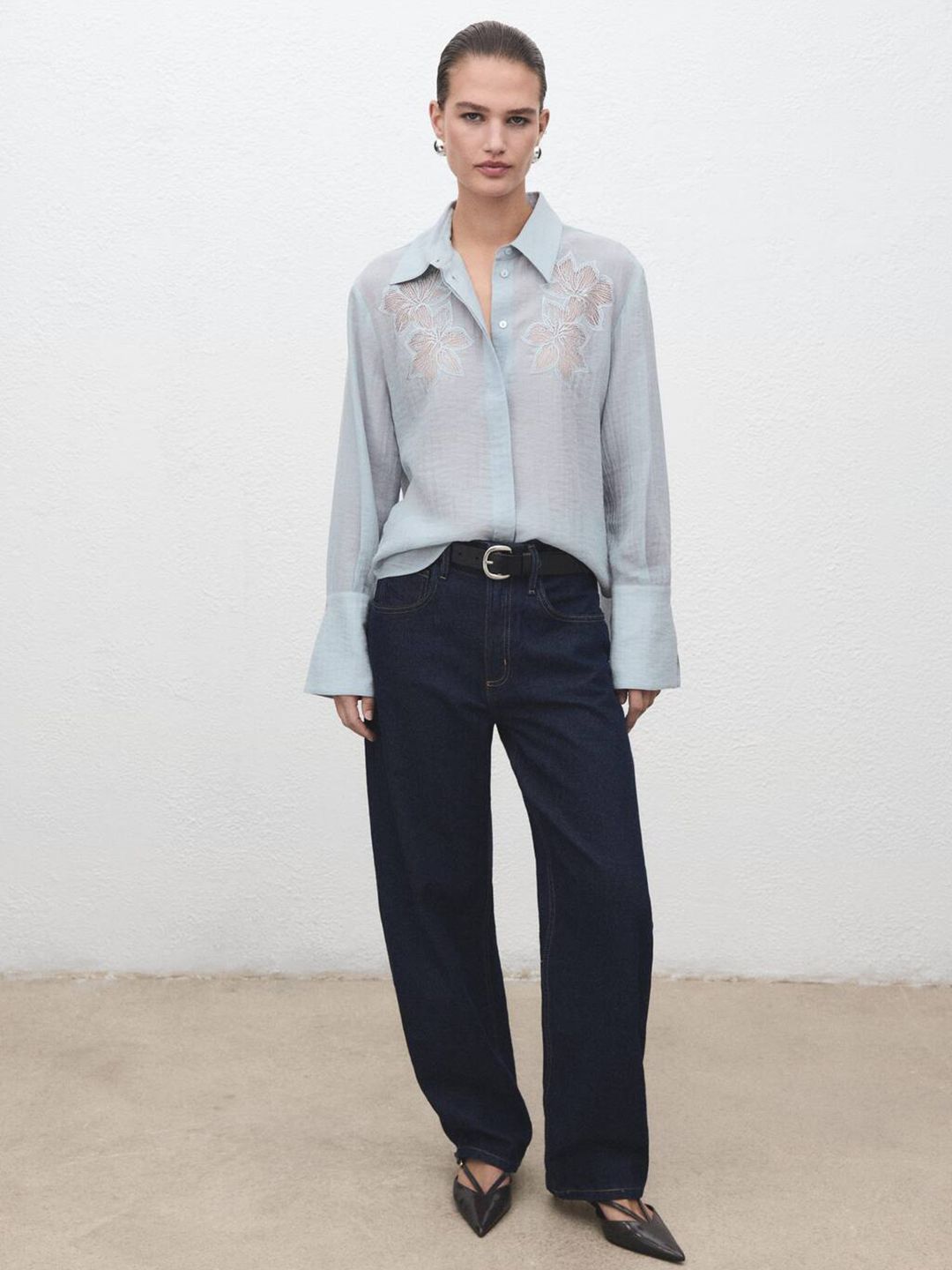Floral Embroidered Self Design Spread Collar Casual Shirt