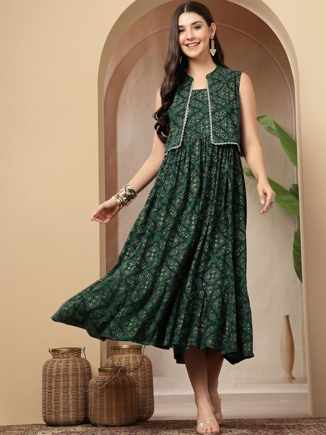 Ethnic Motifs Print Fit & Flare Midi Dress Stylum Ethnic Motifs Print Fit & Flare Midi Dress