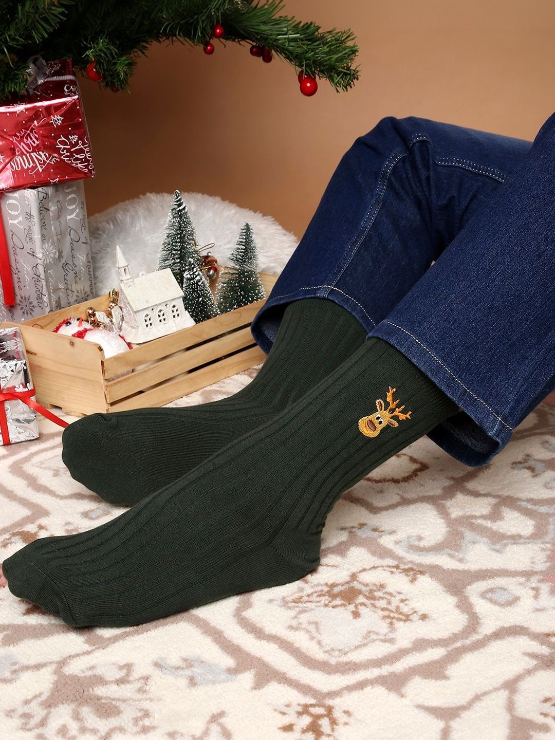 Mint & Oak Men Pack Of 3 Patterned Cotton Calf Length Socks