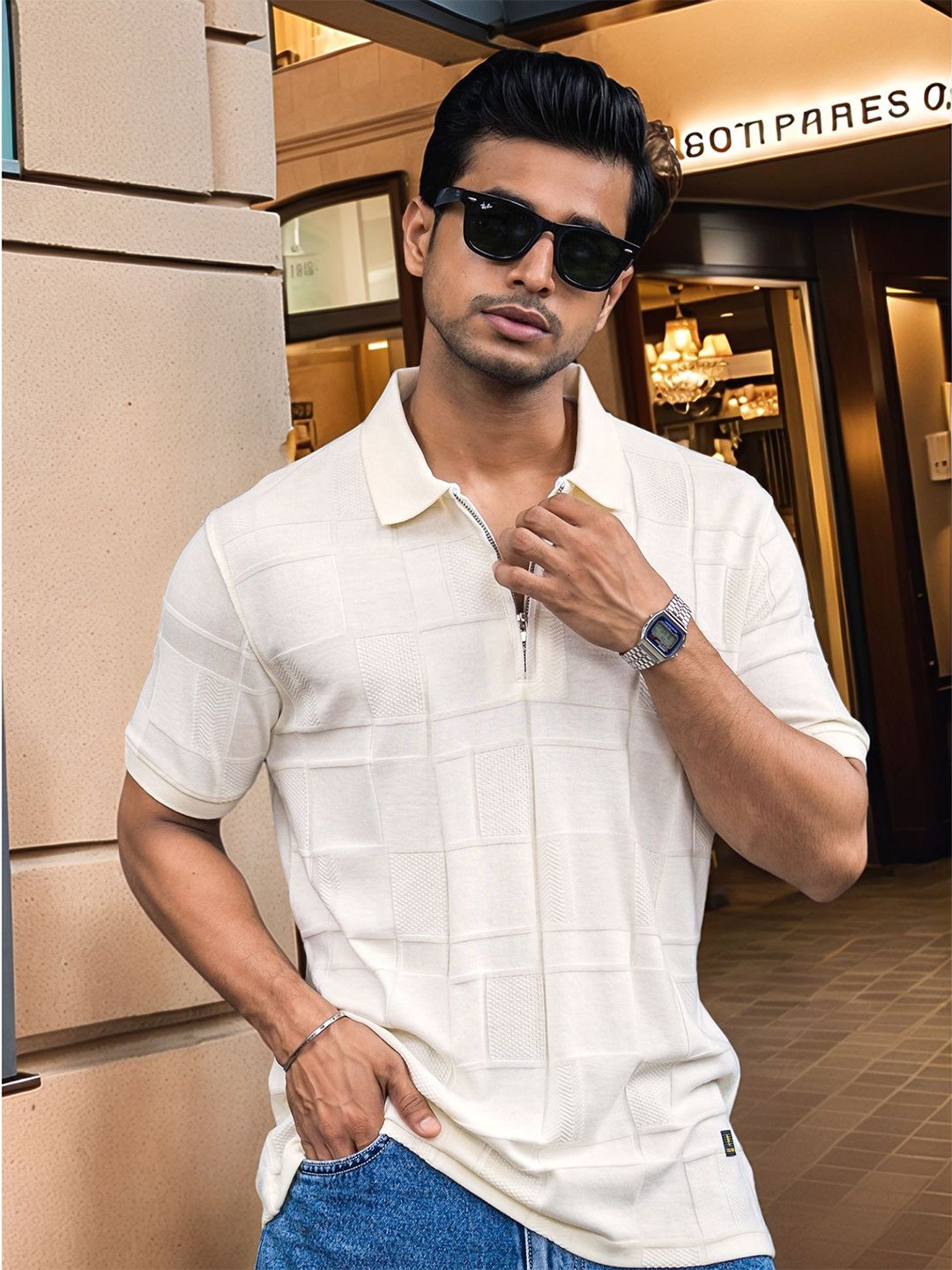 Maniac Textured Polo Collar Cotton T-shirt