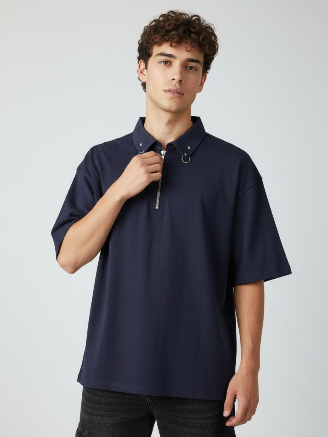 glitchez Drop-Shoulder Sleeves Oversized Polo Collar T-shirt