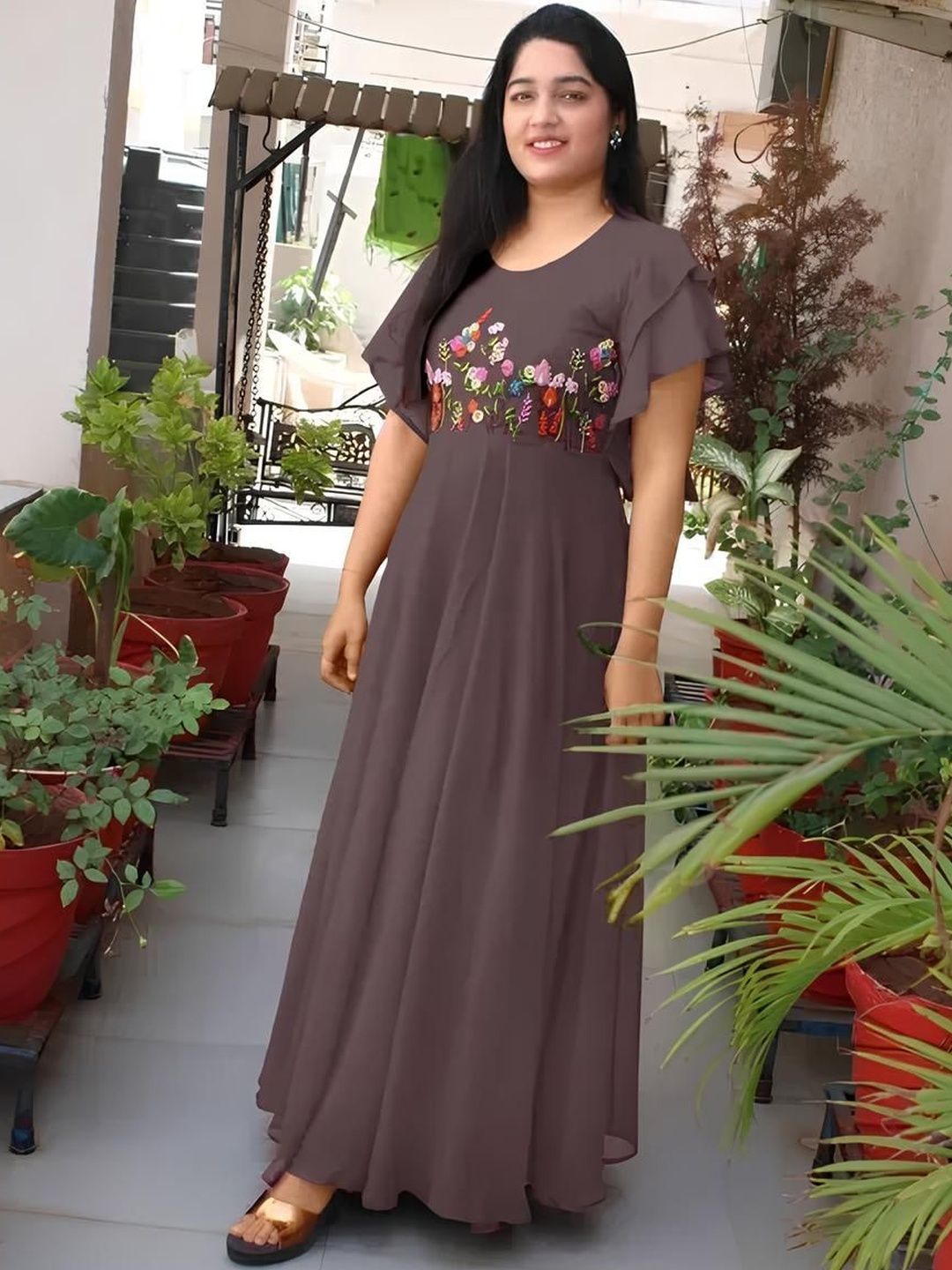 SHYAM SUNDARI SHYAM SUNDARI Floral Embroidered Flutter Sleeve Maxi Dress