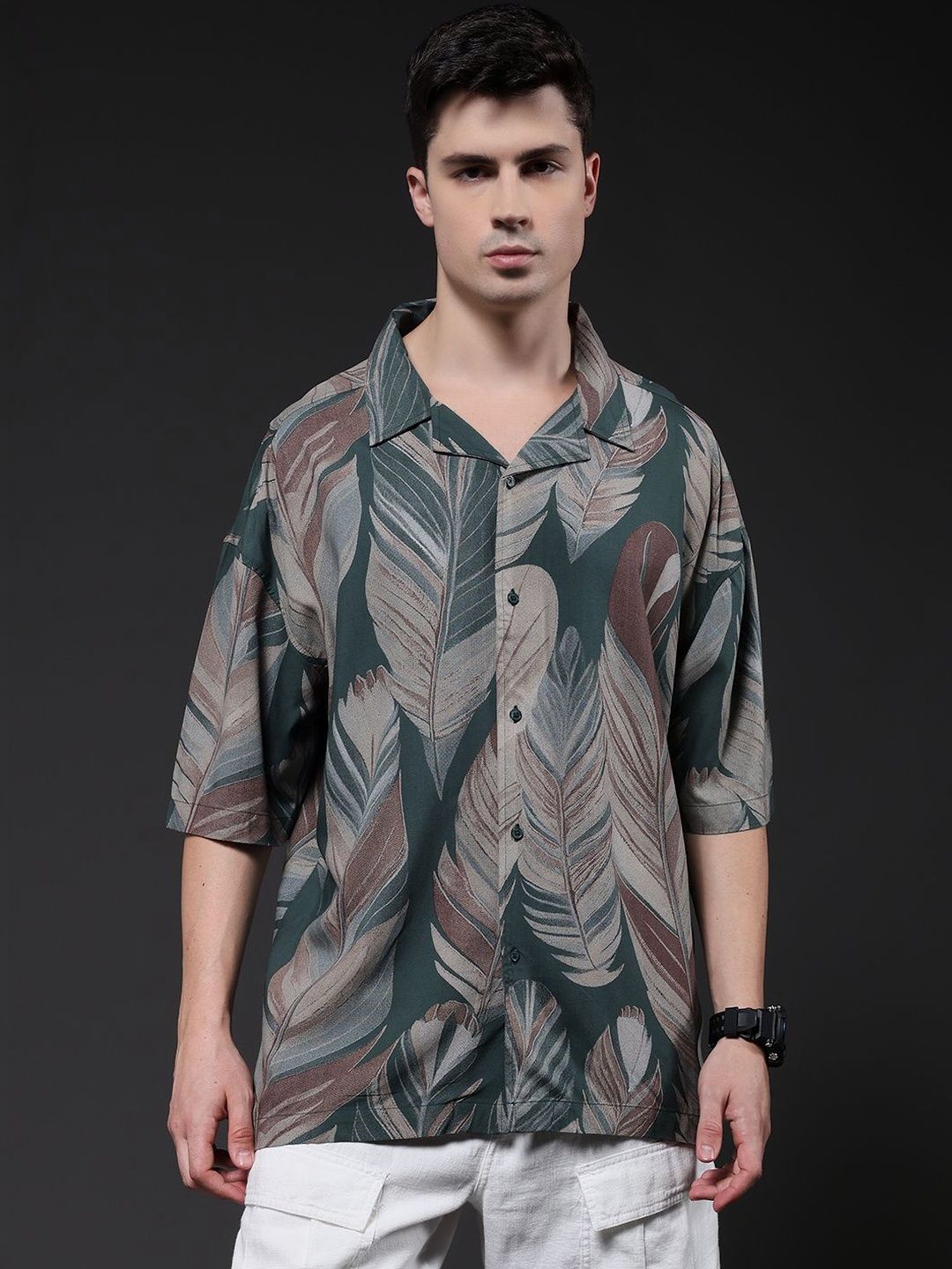 PRONK Men's Leaf Print Oversized Cuban Collar Half Sleeve Casual Shirt