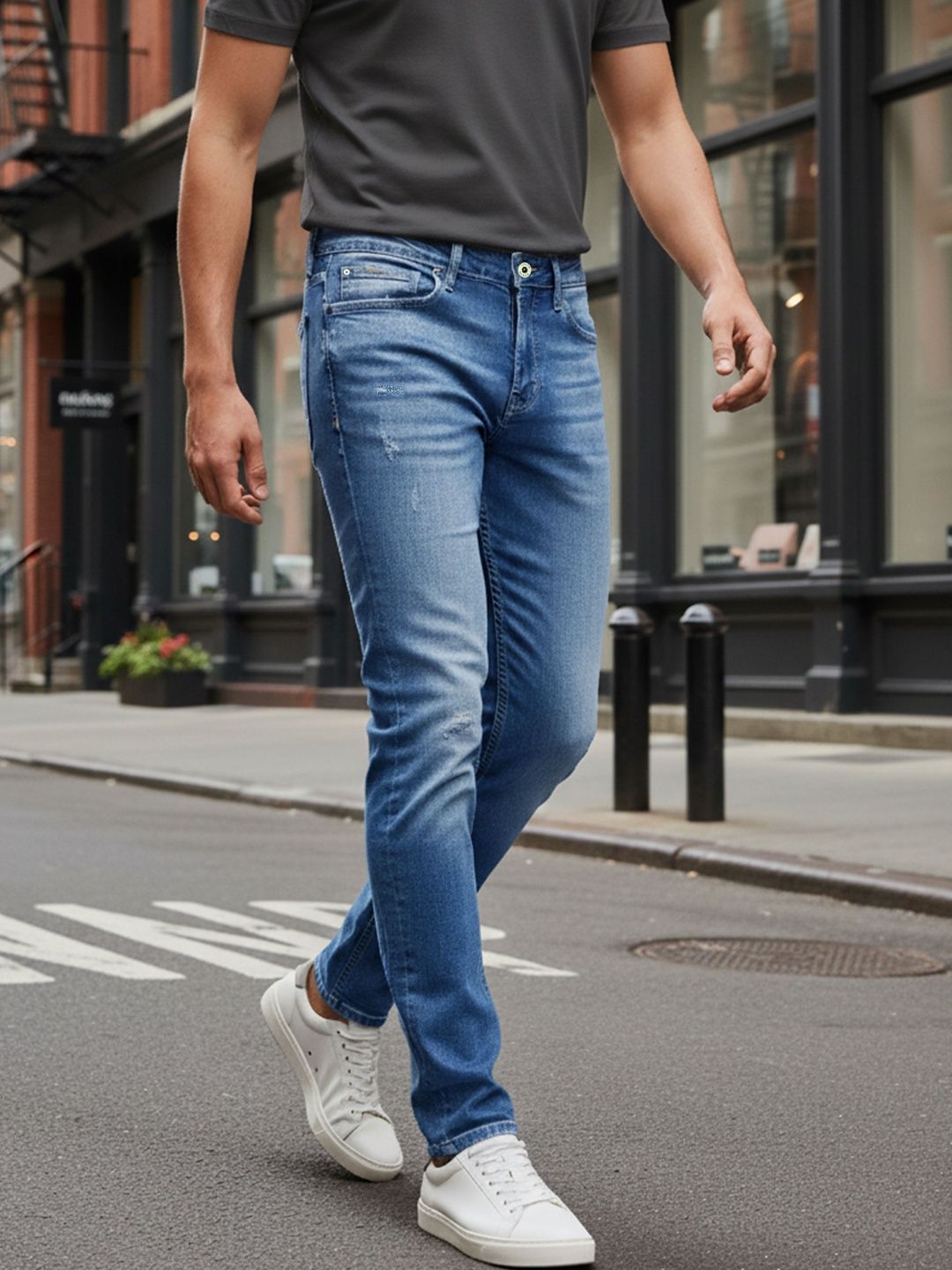 Celio Men Jean Slim Fit Mid-Rise Low Distress Light Fade Stretchable Jeans