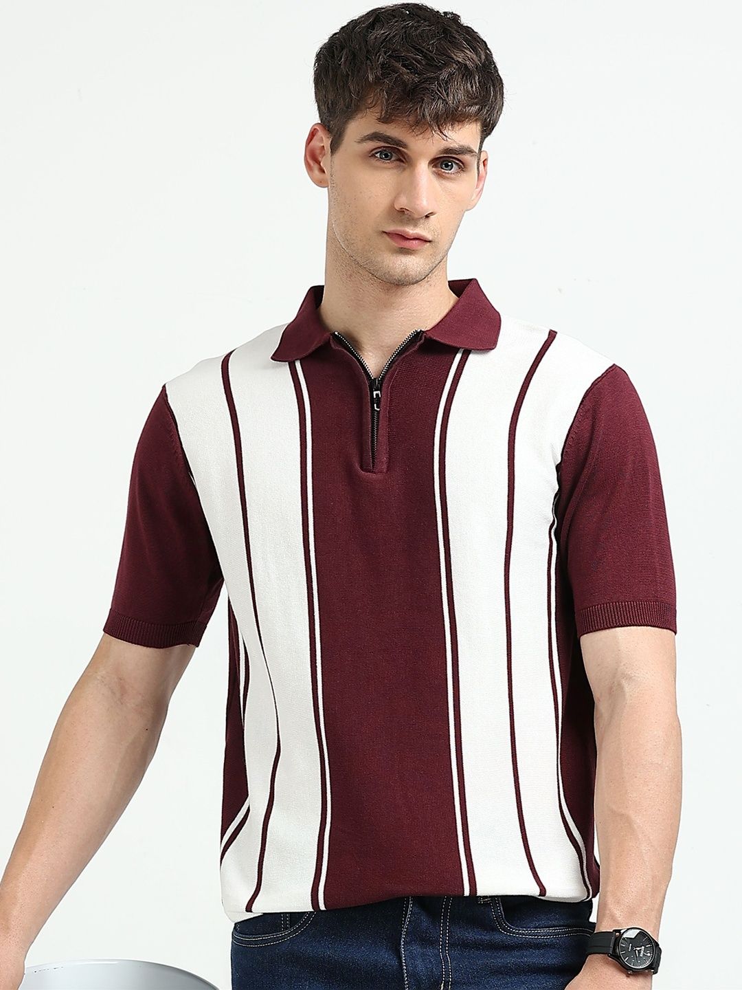 MOHICANS Men Polo Collar Pure Cotton Striped Tshirt