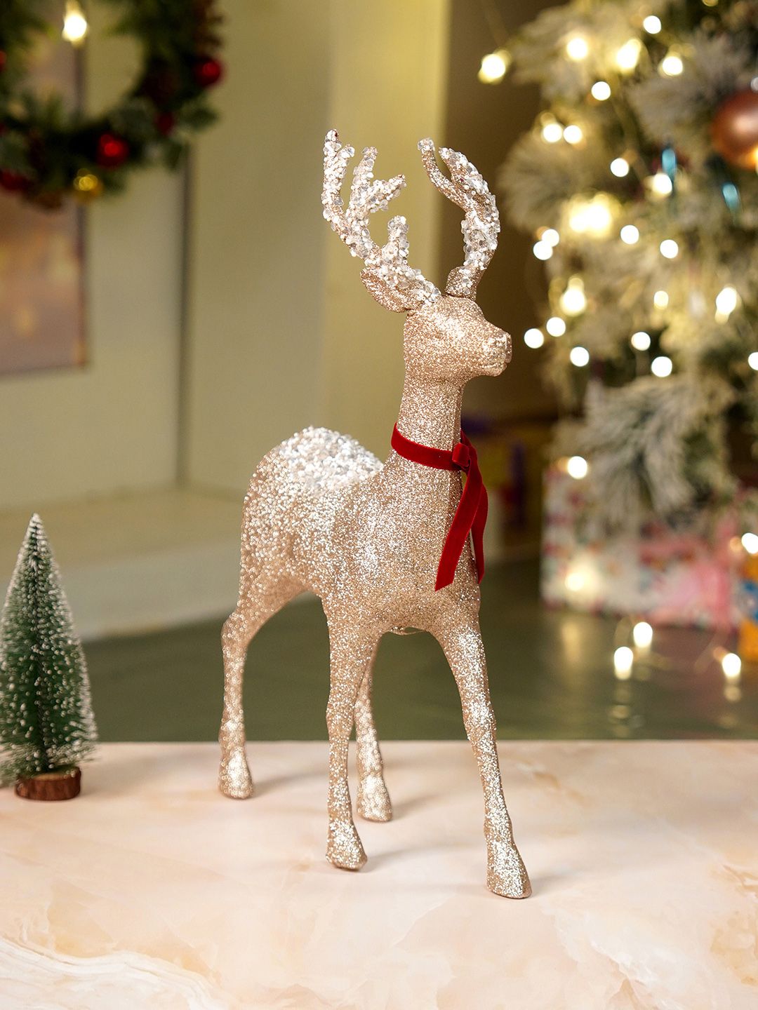 Little Surprise Box LLP Big White Sequence Gold Reindeer Christmas Dcore & Decoration