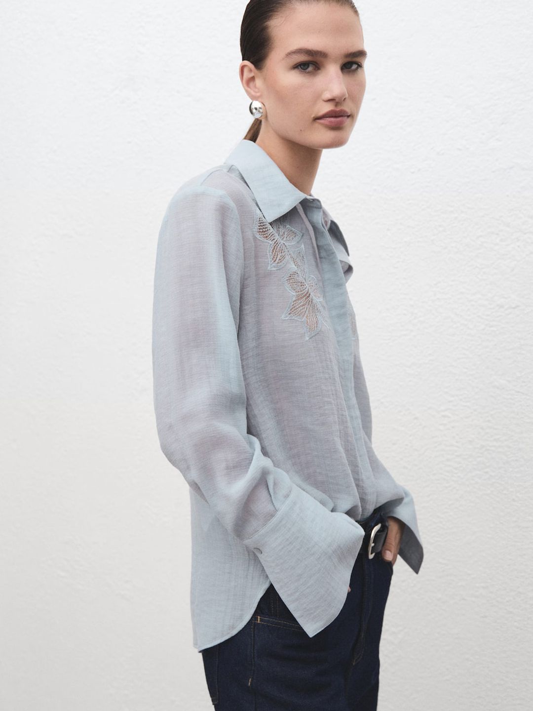 Floral Embroidered Self Design Spread Collar Casual Shirt