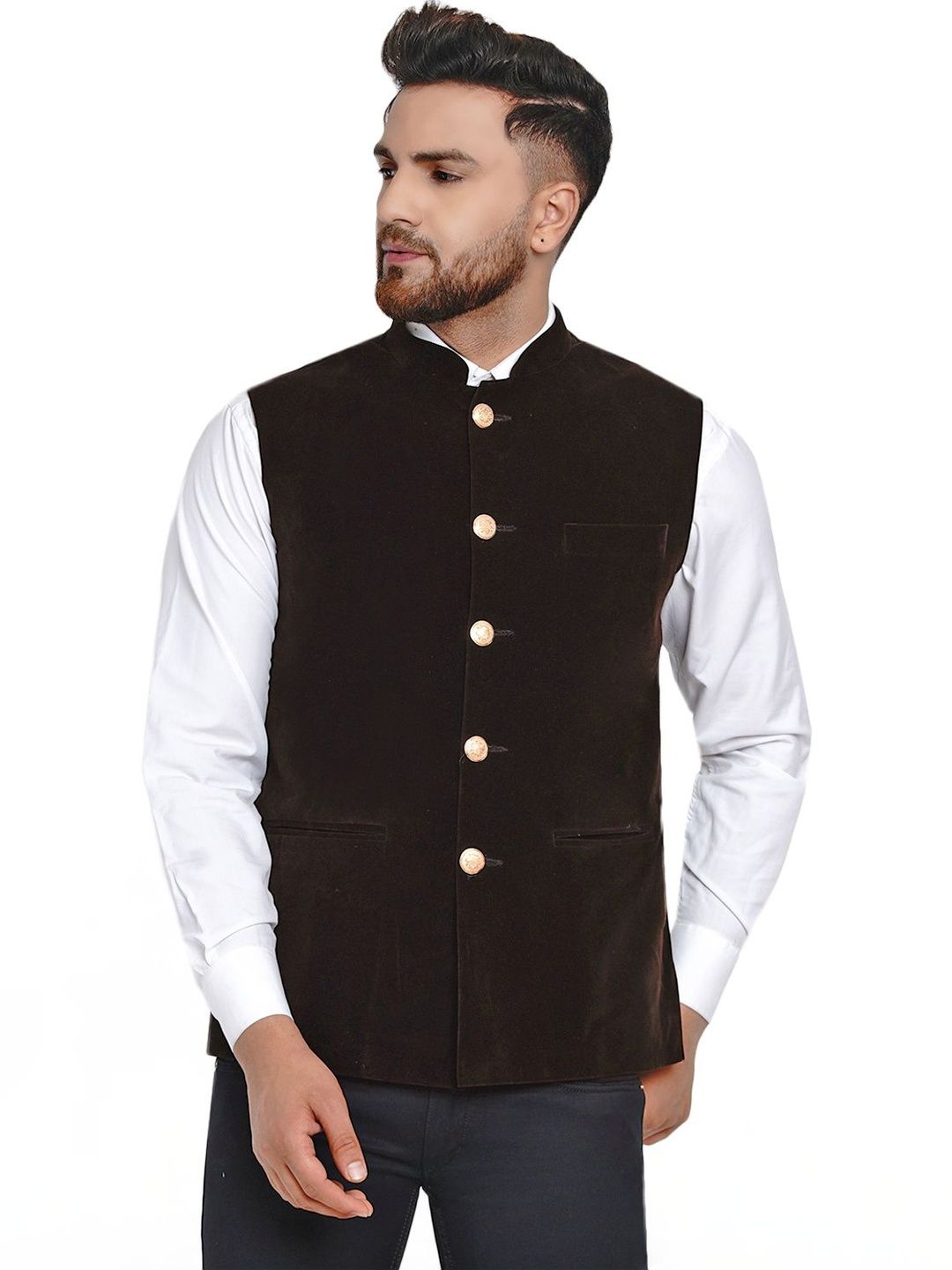 VEERA PARIDHAAN Men Mandarin Collar Velvet Nehru Jacket