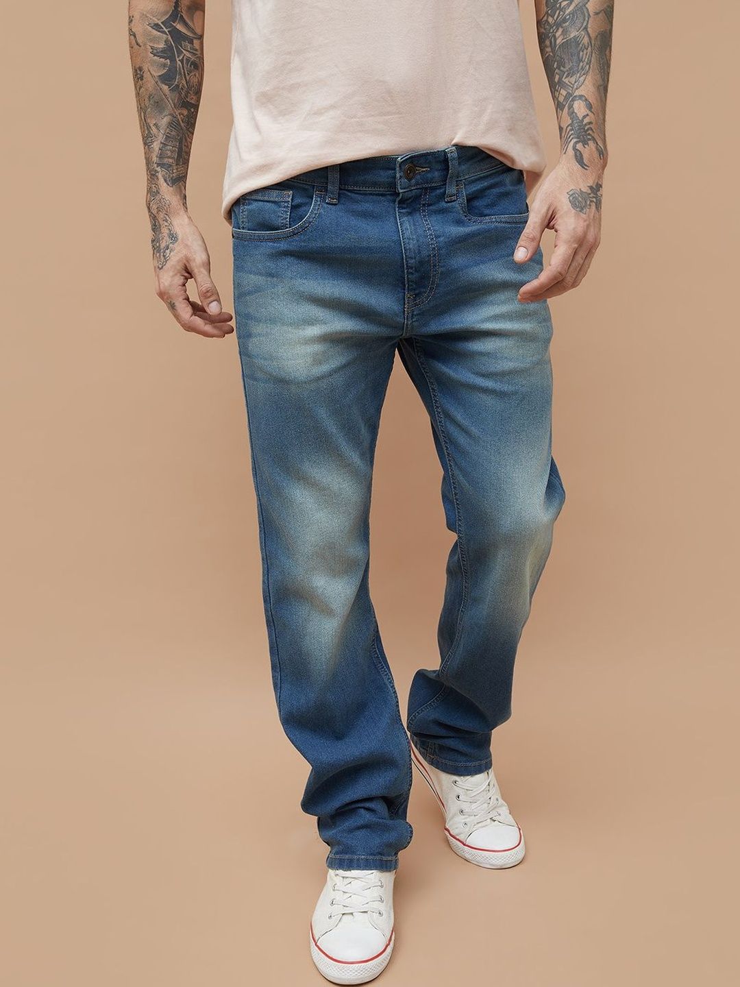 Forca by Lifestyle Men Straight Fit Mid-Rise Light Fade Stretchable Jeans