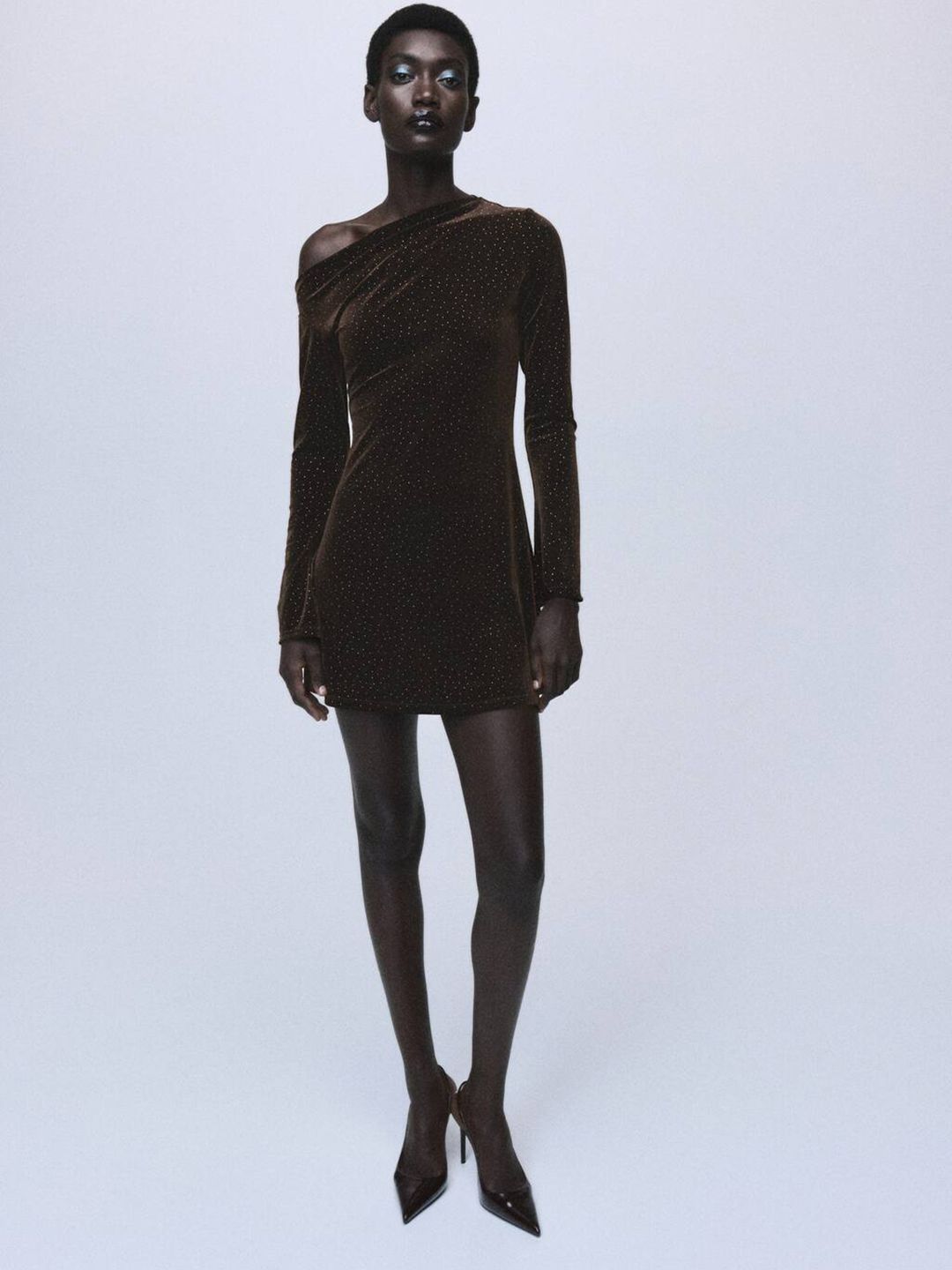 Embellished Velvet Finish One Shoulder A-Line Mini Dress