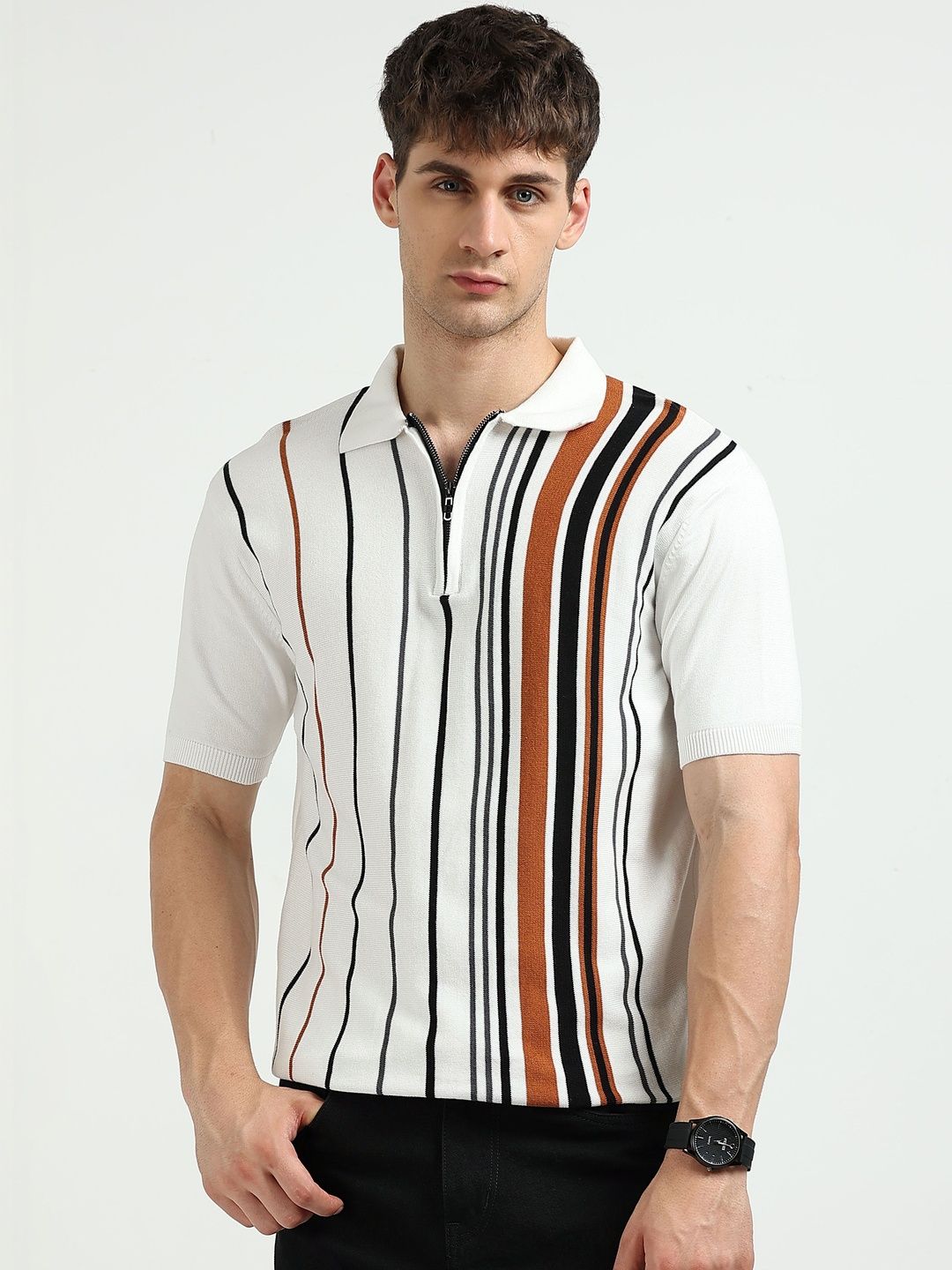 MOHICANS Men Polo Collar Pure Cotton Striped Zipper Tshirt