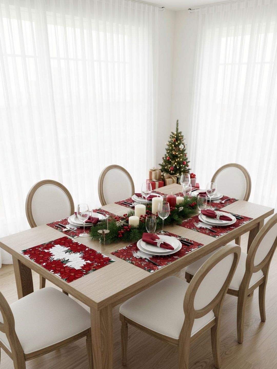 PRAKARTIK 6-Pcs Red & White Printed Pure Cotton Heat Resistant Table Placemats