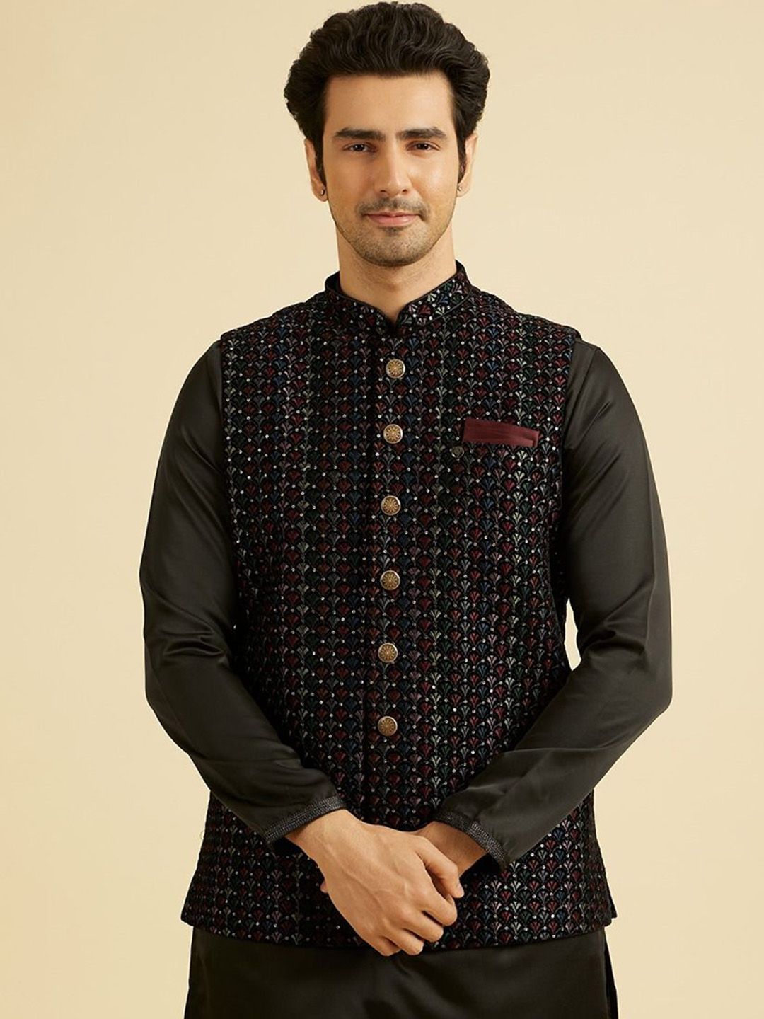 Manyavar Men Embroidered Woven Nehru Jacket