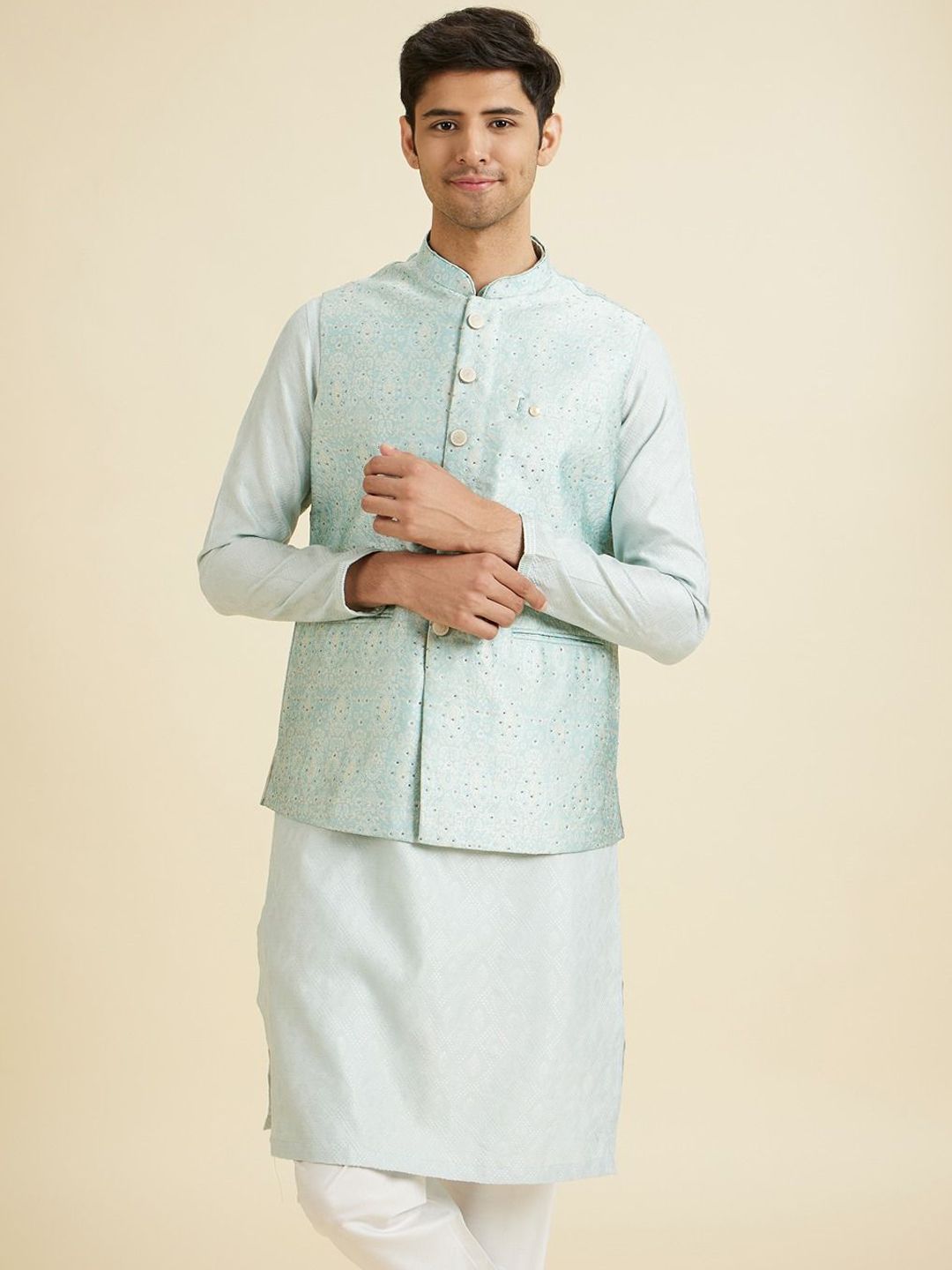 Manyavar Woven Design Mandarin Collar Nehru Jacket