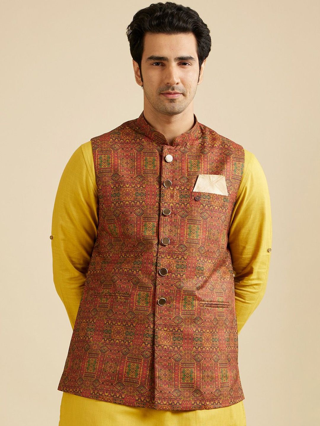 Manyavar Printed Mandarin Collar Nehru Jacket