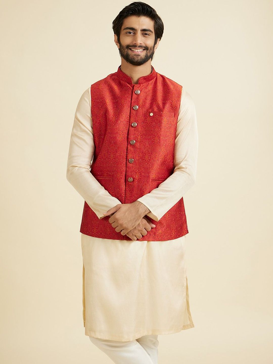 Manyavar Woven Design Mandarin Collar Nehru Jacket