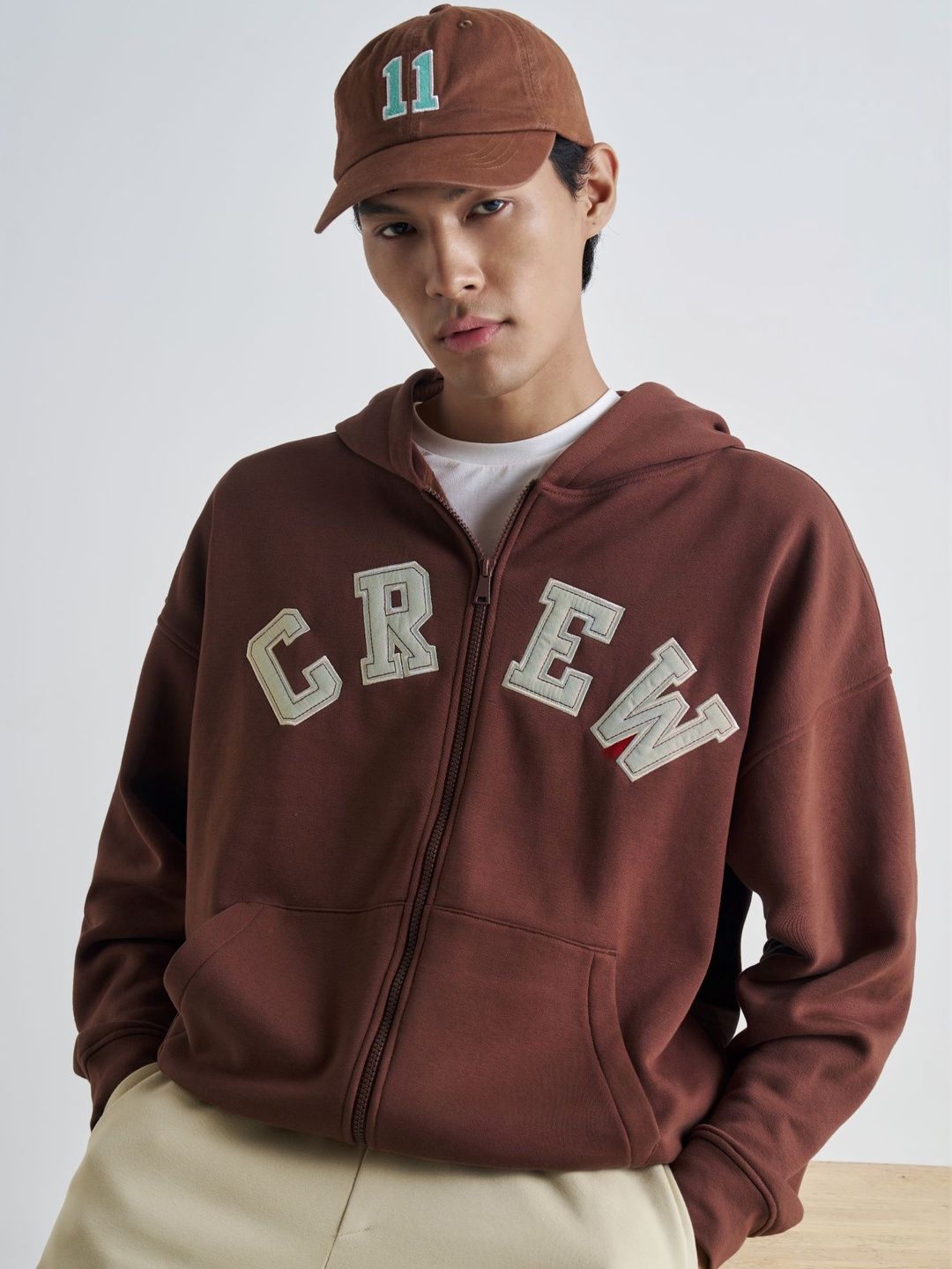 Buy XYXX Men Crew Cotton Blend Brown Solid Oversized Zipper Hoodie
