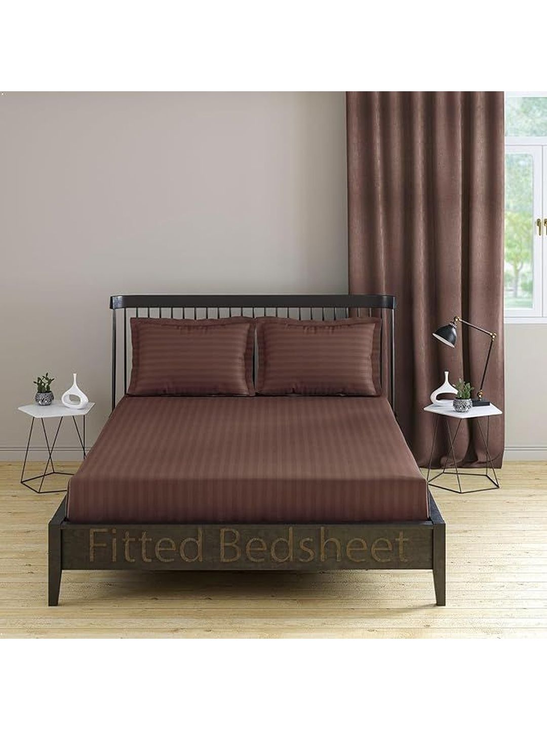 LUZDECOR LUZDECOR Brown & Brown Striped King Bedsheet with 2 Pillow Covers