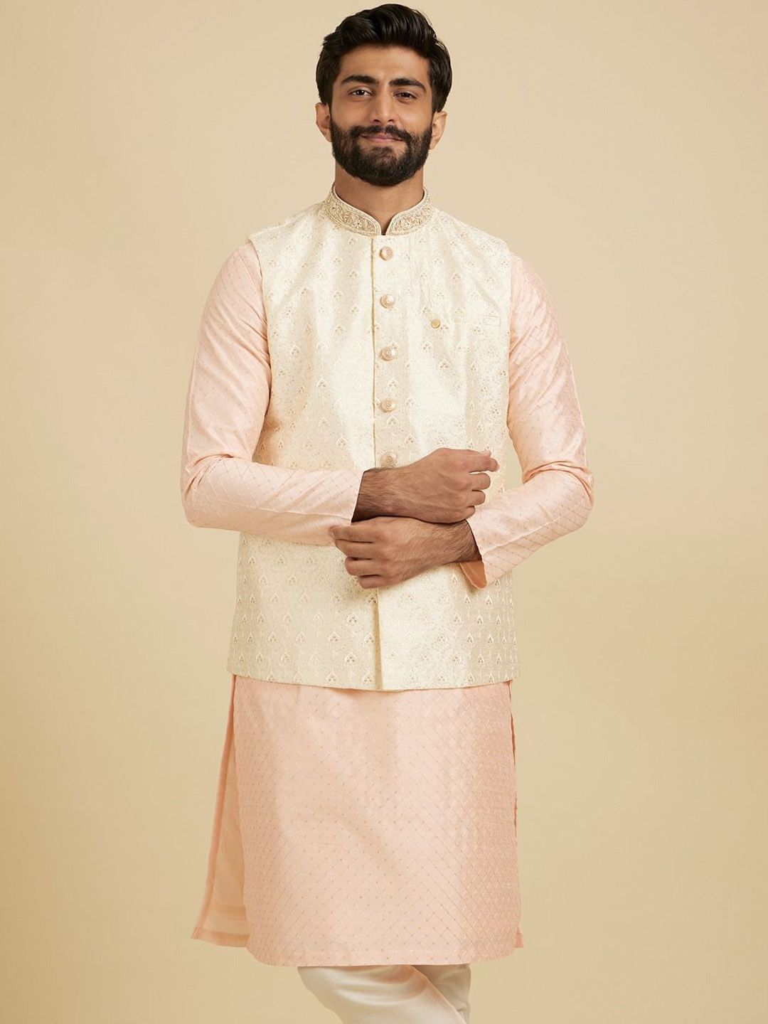 Manyavar Men Embroidered Woven Nehru Jacket