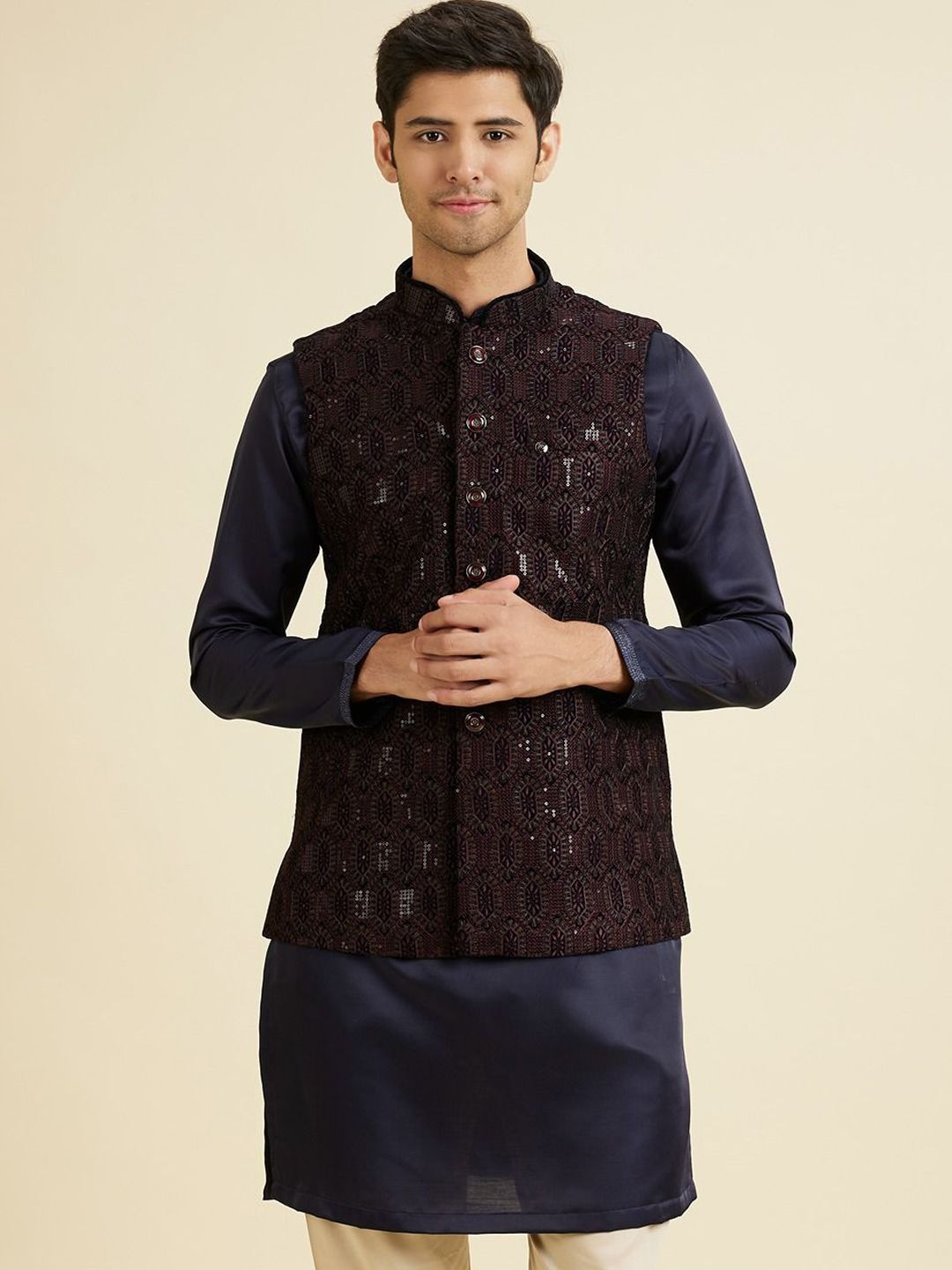 Manyavar Embroidered Velvet Mandarin Collar Nehru Jacket