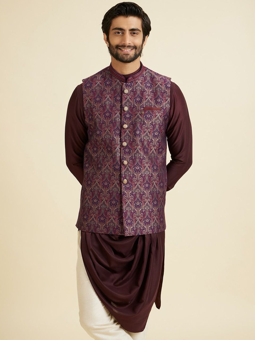 Manyavar Woven Design Mandarin Collar Nehru Jacket