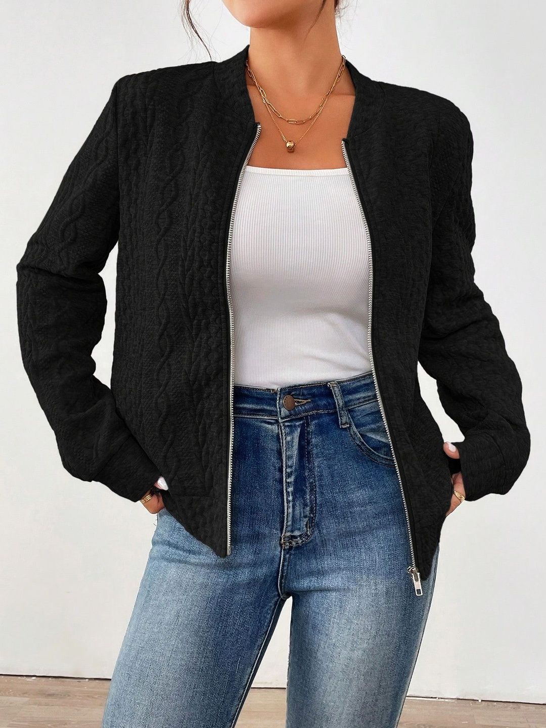 Stylecast X Slyck Women Solid Textured Zip Up Bomber Jacket