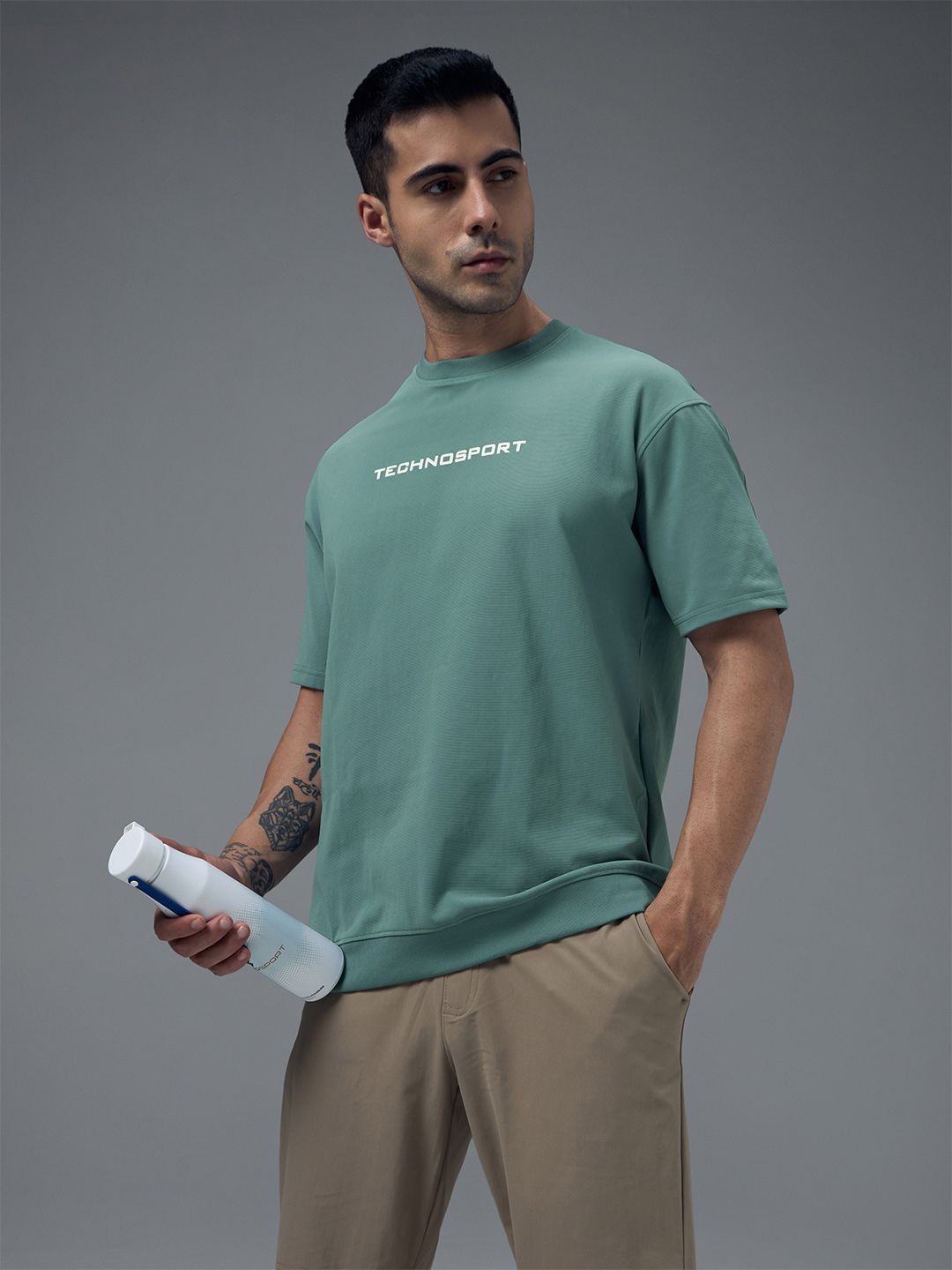 Technosport Men Typography Printed Anti Static Slim Fit T-shirt