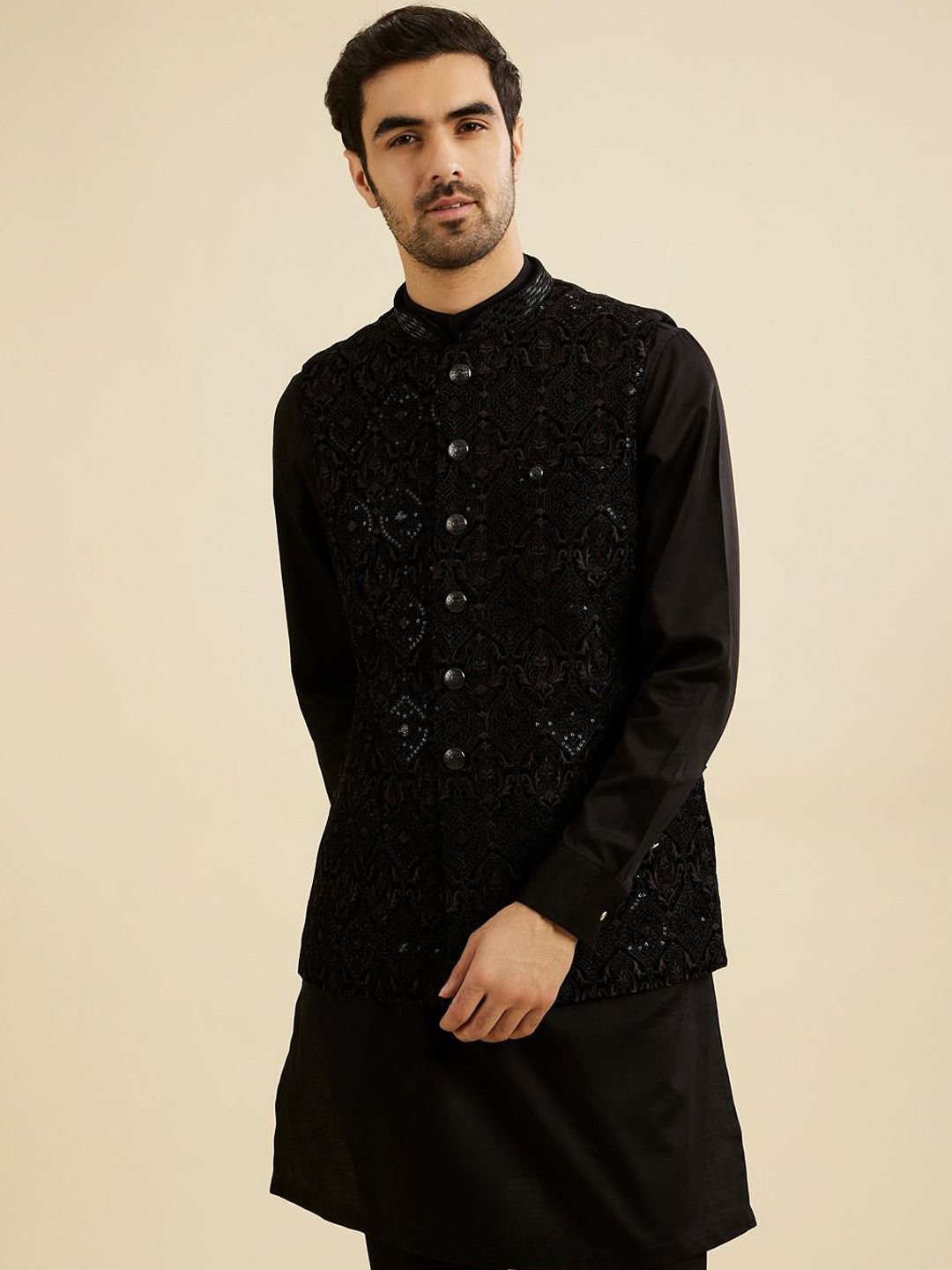 Manyavar Men Embroidered Woven Nehru Jacket