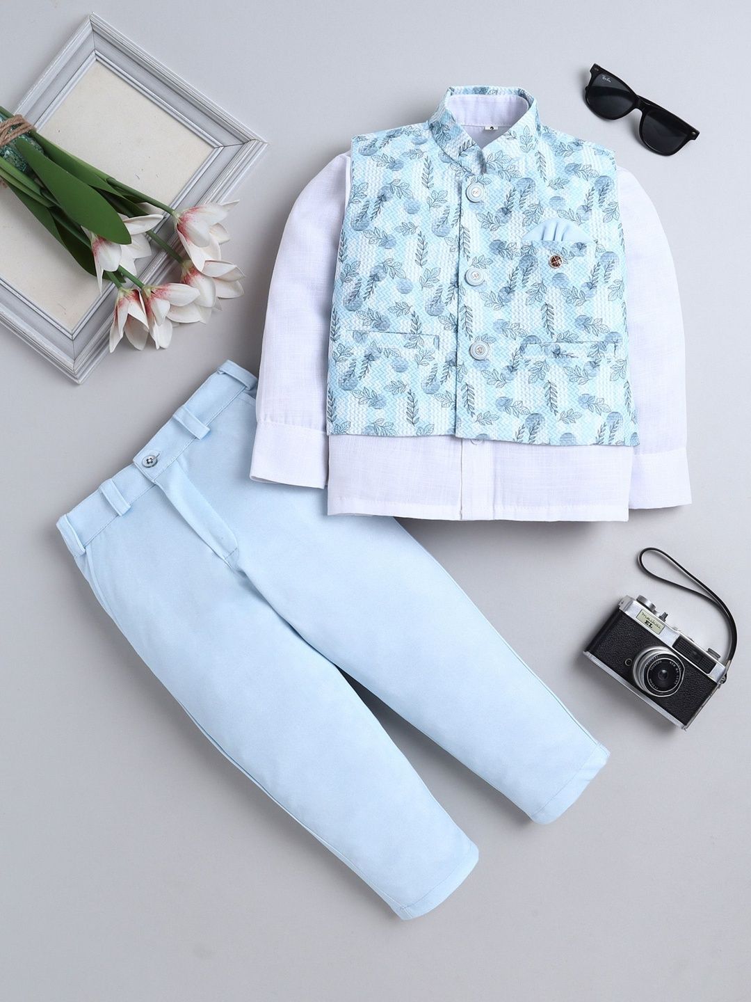 FOURFOLDS Boys Printed Mandarin Collar 3-Pieces Suit Set