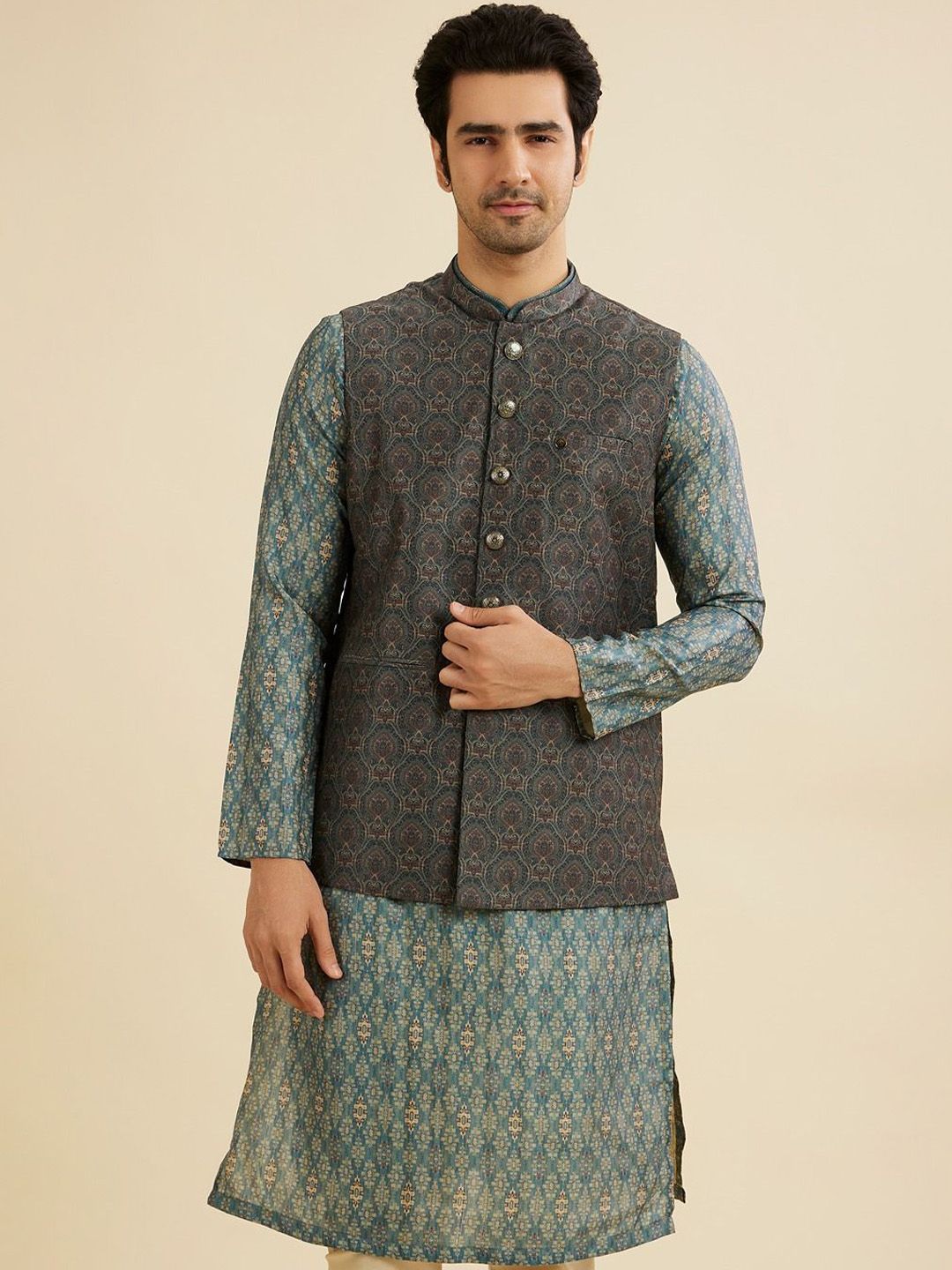 Manyavar Woven Design Mandarin Collar Nehru Jackets