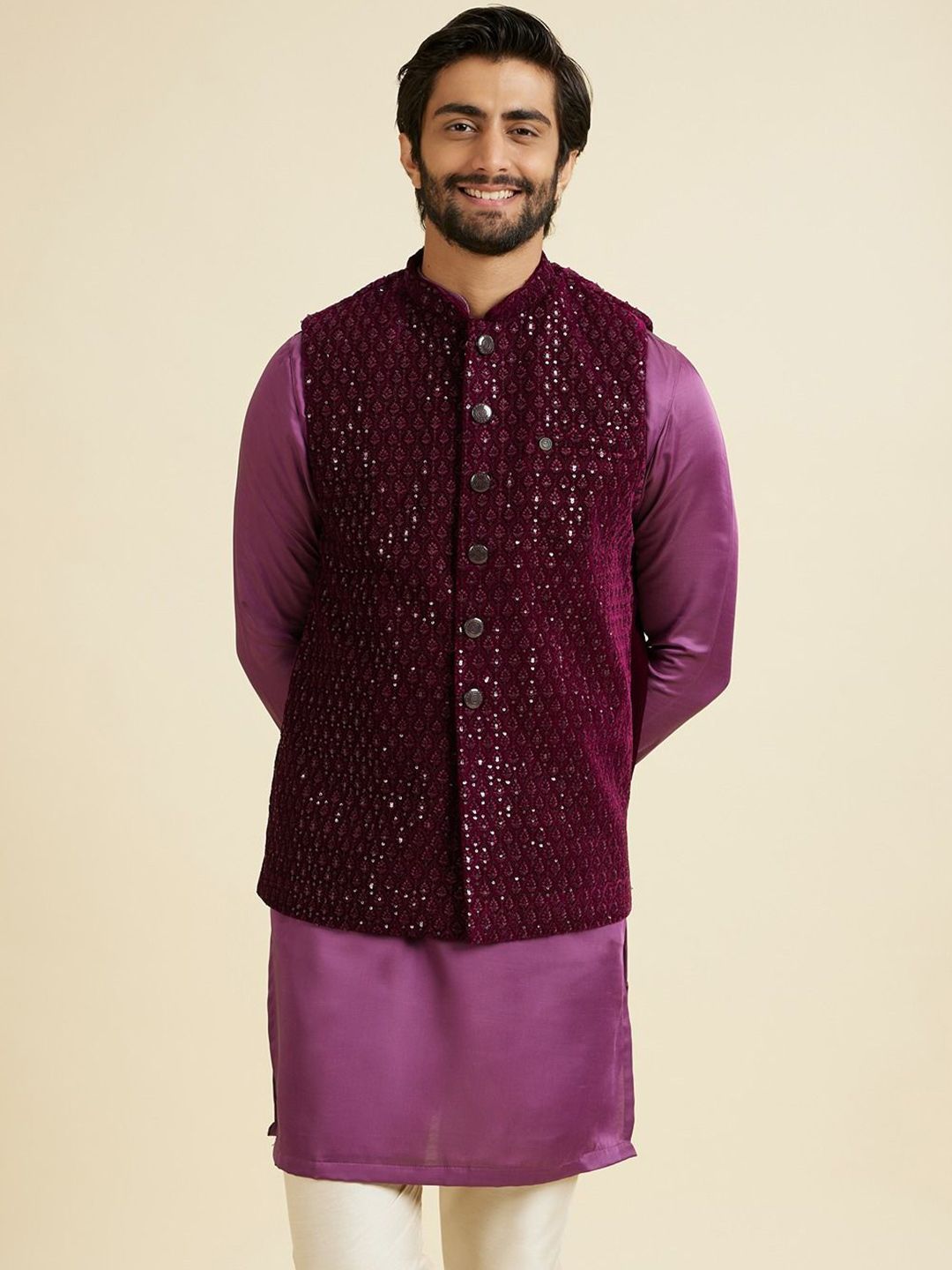 Manyavar Embroidered Velvet Mandarin Collar Nehru Jacket