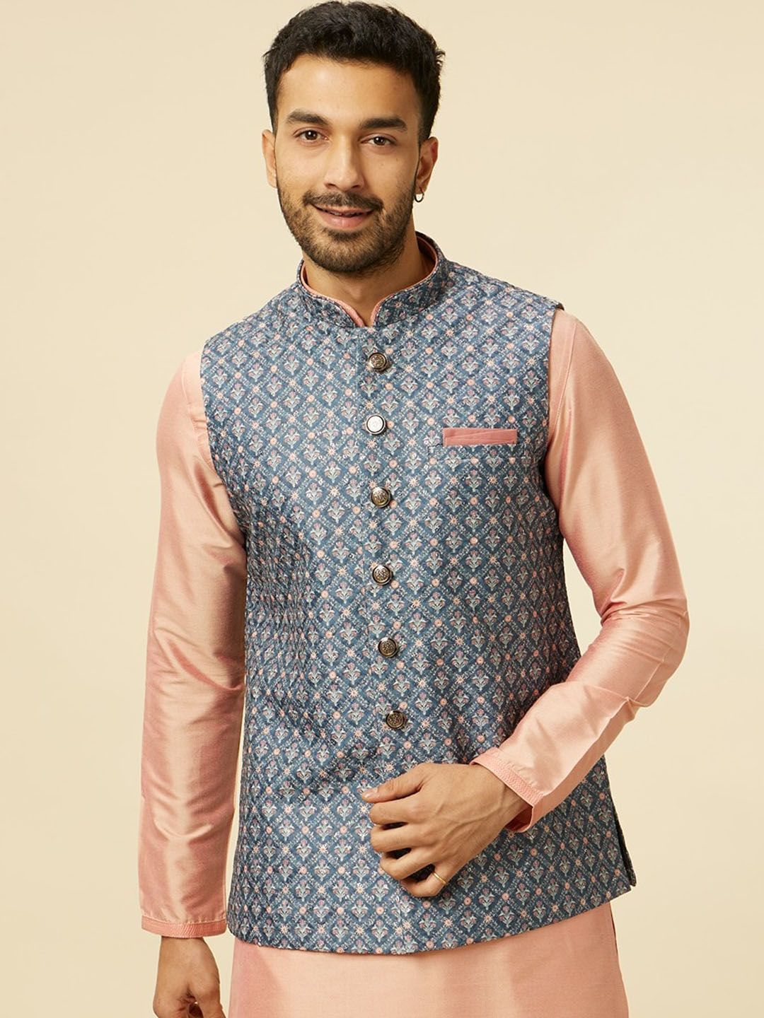 Manyavar Printed Woven Nehru Jacket