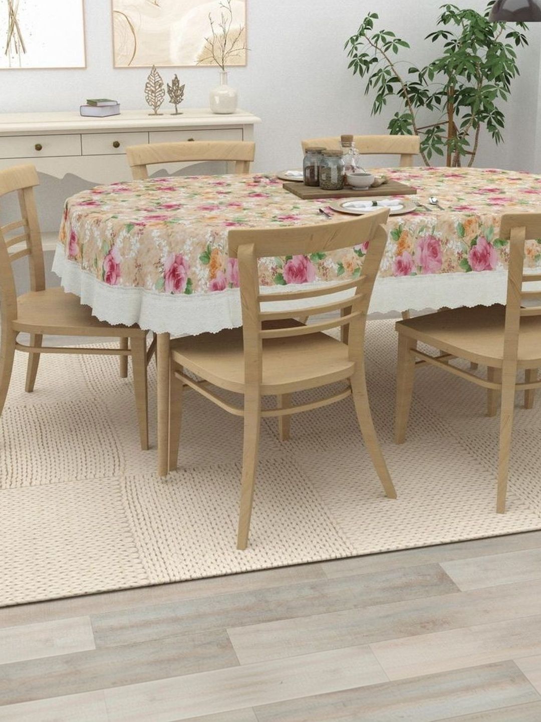 IC ICONIC CHOICE Beige & Pink Anti-Skid Printed Rectangular Table Cover