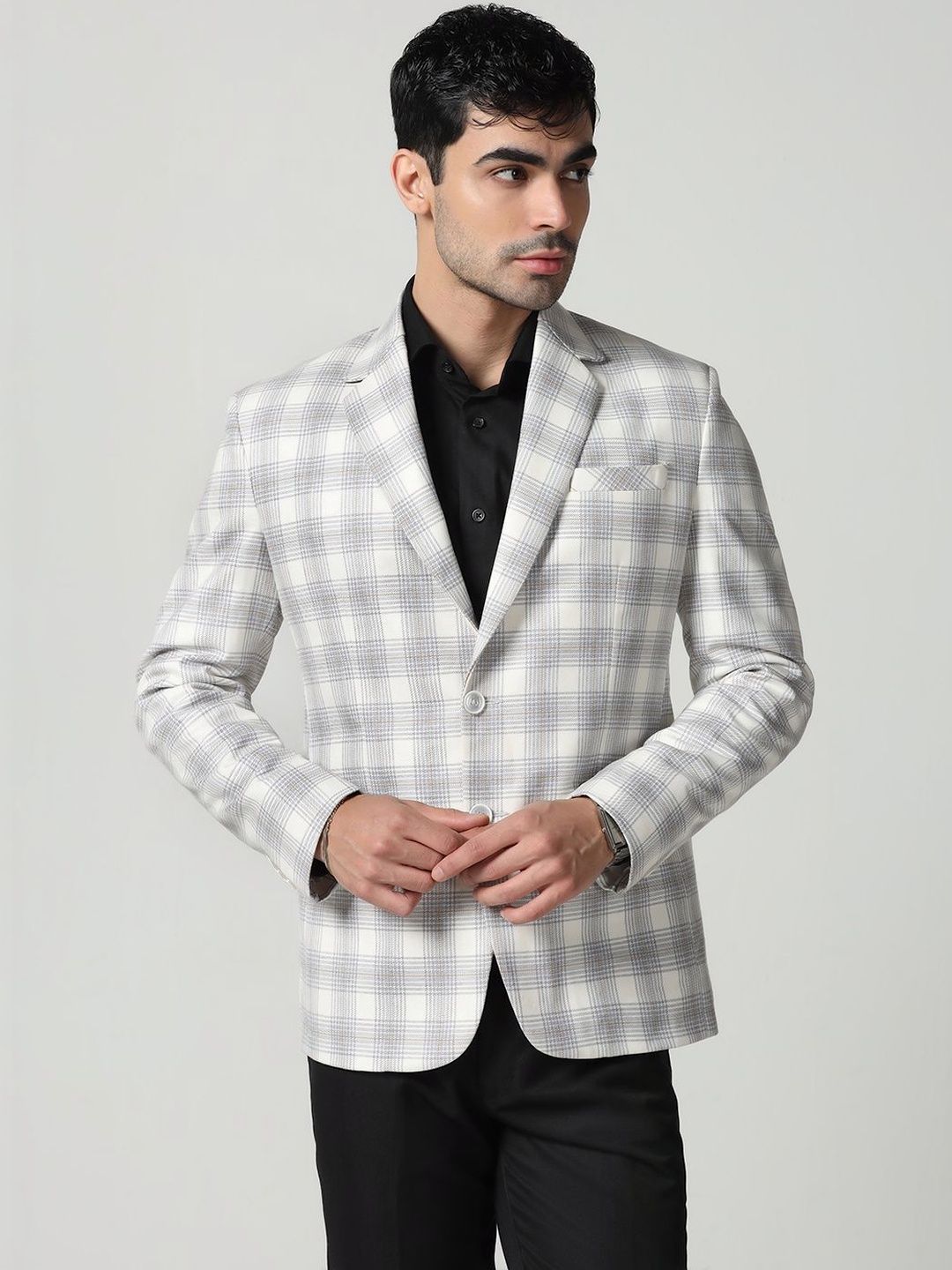 TAHVO Men Checked Single-Breasted Notched Lapel Blazers