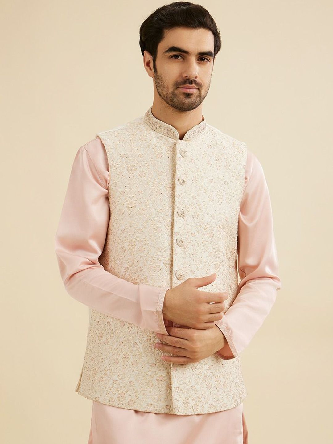 Manyavar Men Embroidered Woven Nehru Jacket