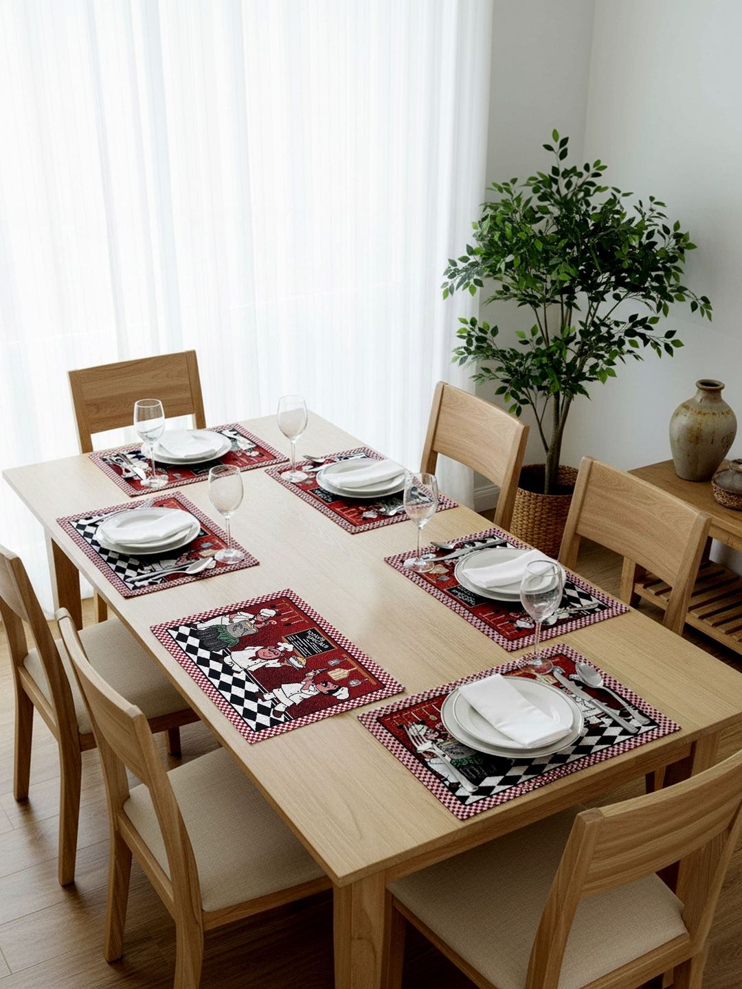 PRAKARTIK 6-Pcs Red & White Printed Pure Cotton Heat Resistant Table Placemats