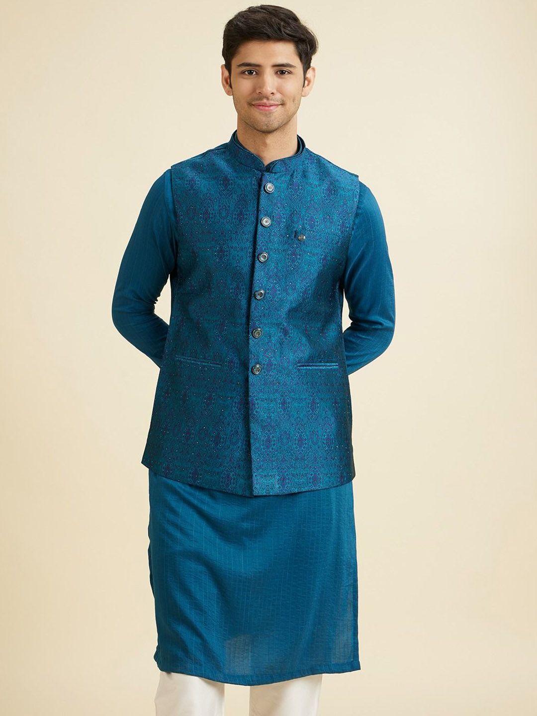 Manyavar Woven Design Mandarin Collar Nehru Jacket