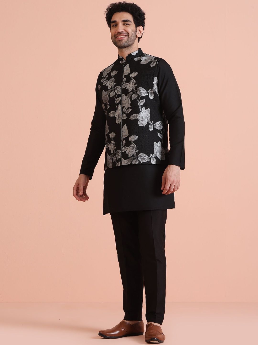 KISAH Floral Printed Nehru Jacket with Zip