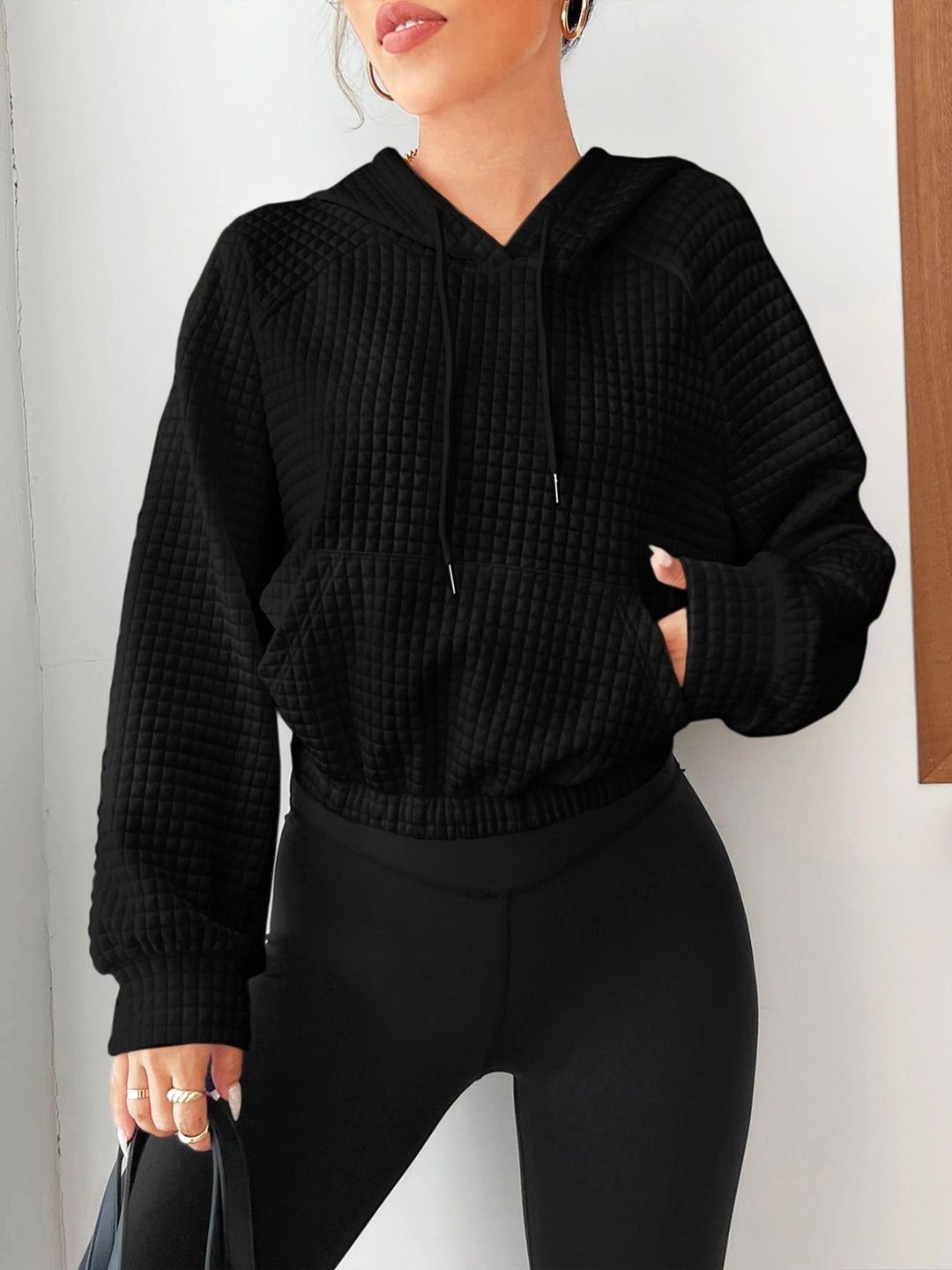 Stylecast X Slyck Stylecast X Slyck Women Solid Square Textured Hooded Sweatshirt