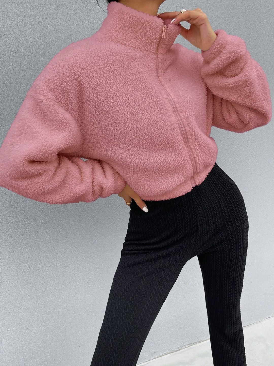Stylecast X Slyck Women Solid High Neck Zip-Up Fur Jacket