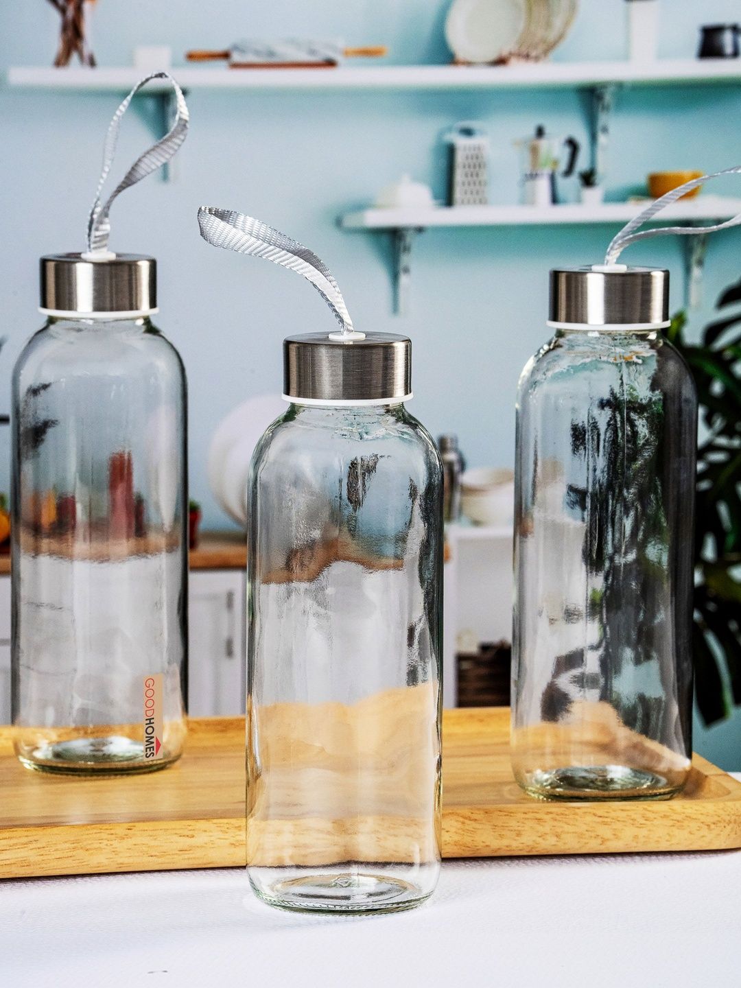 GOODHOMES Transparent Set of 3 Glass Solid Smart Vacuum Water Bottle